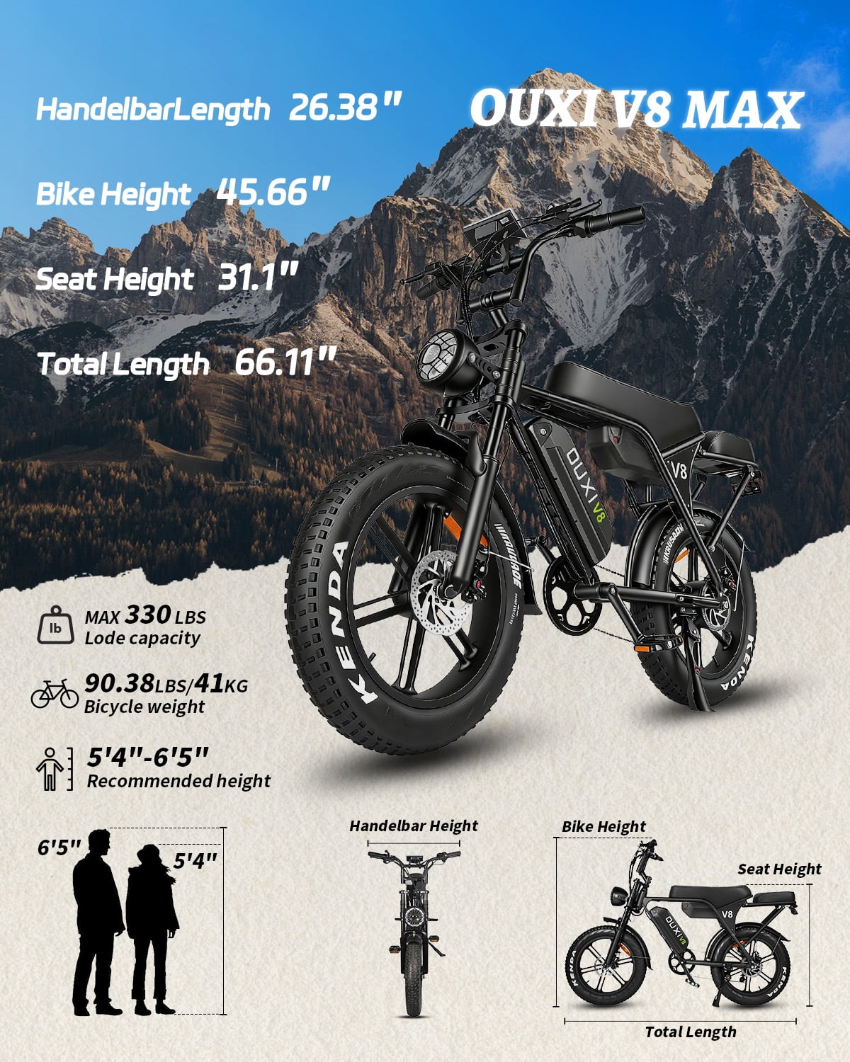 OUXI V8 Electric Bike for Adults, 20 Fat Tire Electric Mountain Bike Peak 750W, 48V 15Ah Battery, UL2849