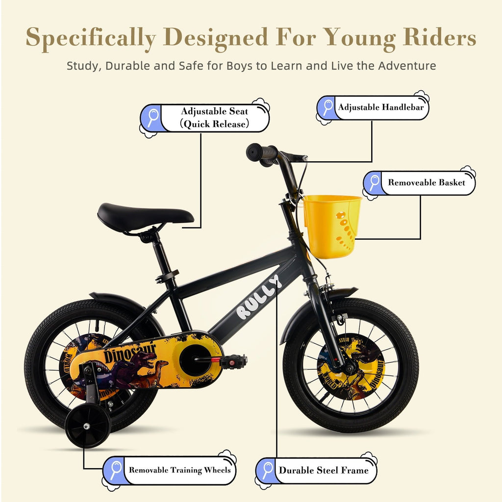RULLY 14 Inch Dinosaur Kids Bike for Boys 3-5 Years, Bicycle with Training Wheels, Basket & Coaster Brake, Blue