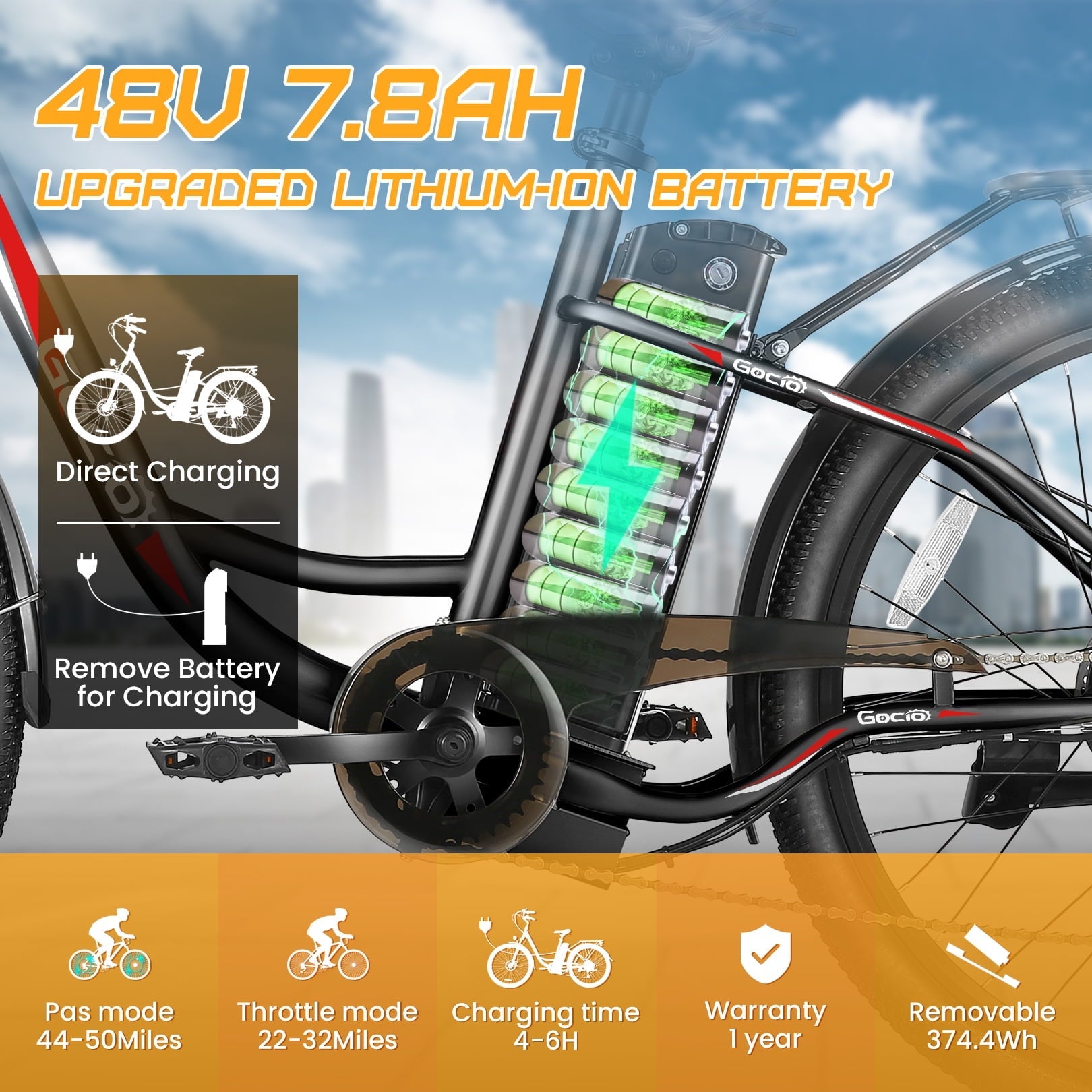 Gocio 26 Electric Bike for Adults, 500W Motor, City Commuter E-Bike, 48V 7.8Ah Removable Battery, Max 19.8Mph, 7 Speed, UL2849