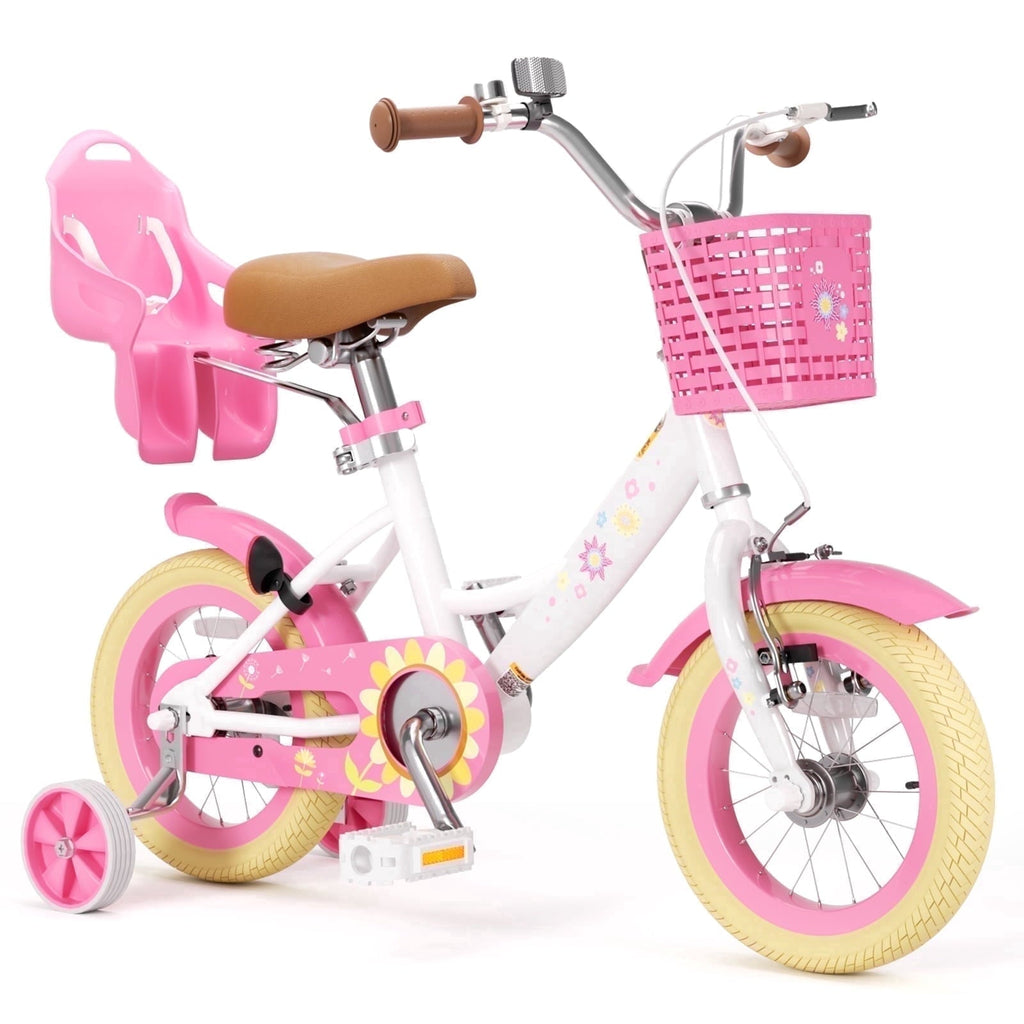 KORIMEFA Bikes for Girls 3-6 Years Old Toddlers, 12 inch Girls Bike with Training Wheels, Basket and Doll Seat, Children Bicycles with Handbrake, White