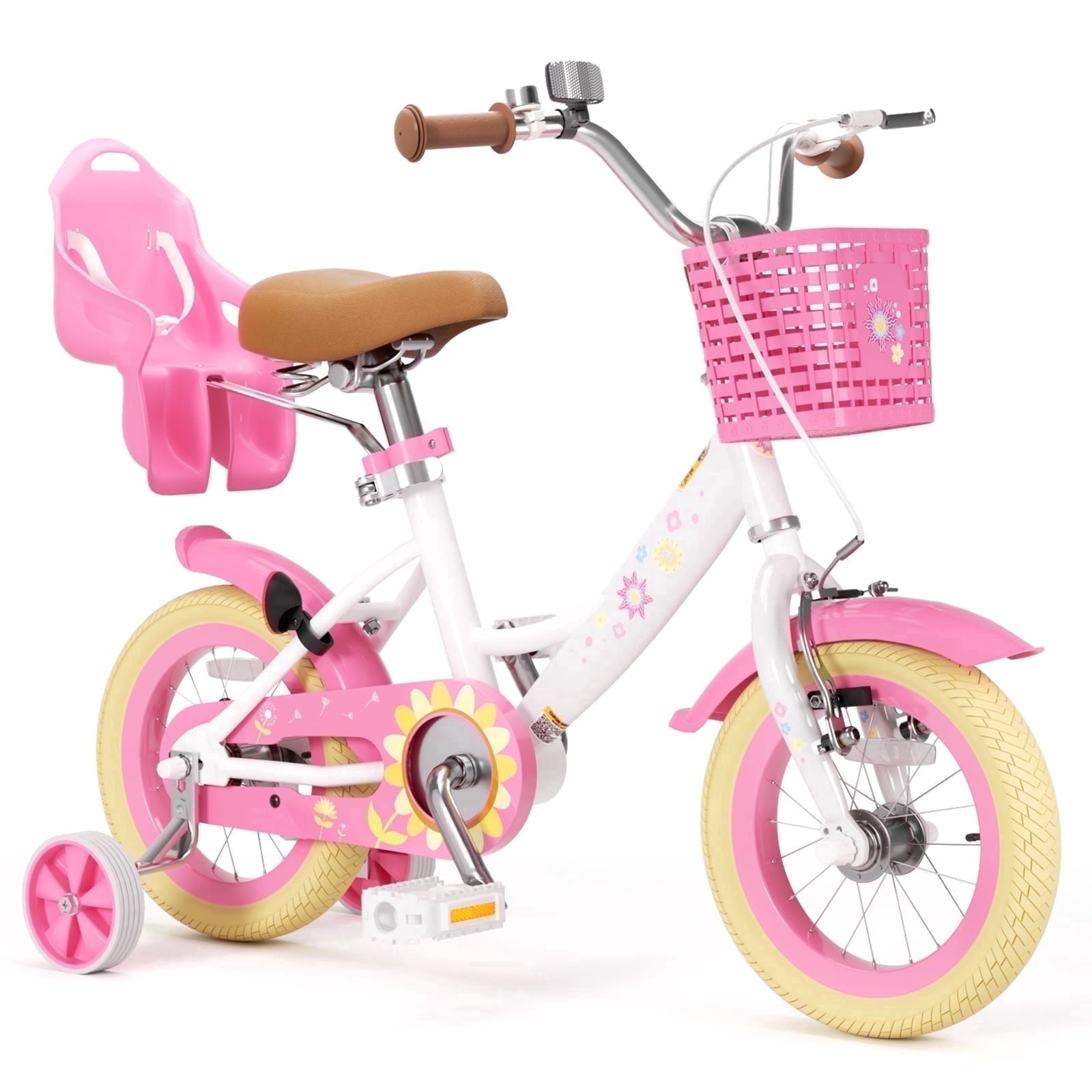 KORIMEFA Bikes for Girls 3-6 Years Old Toddlers, 12 inch Girls Bike with Training Wheels, Basket and Doll Seat, Children Bicycles with Handbrake, White