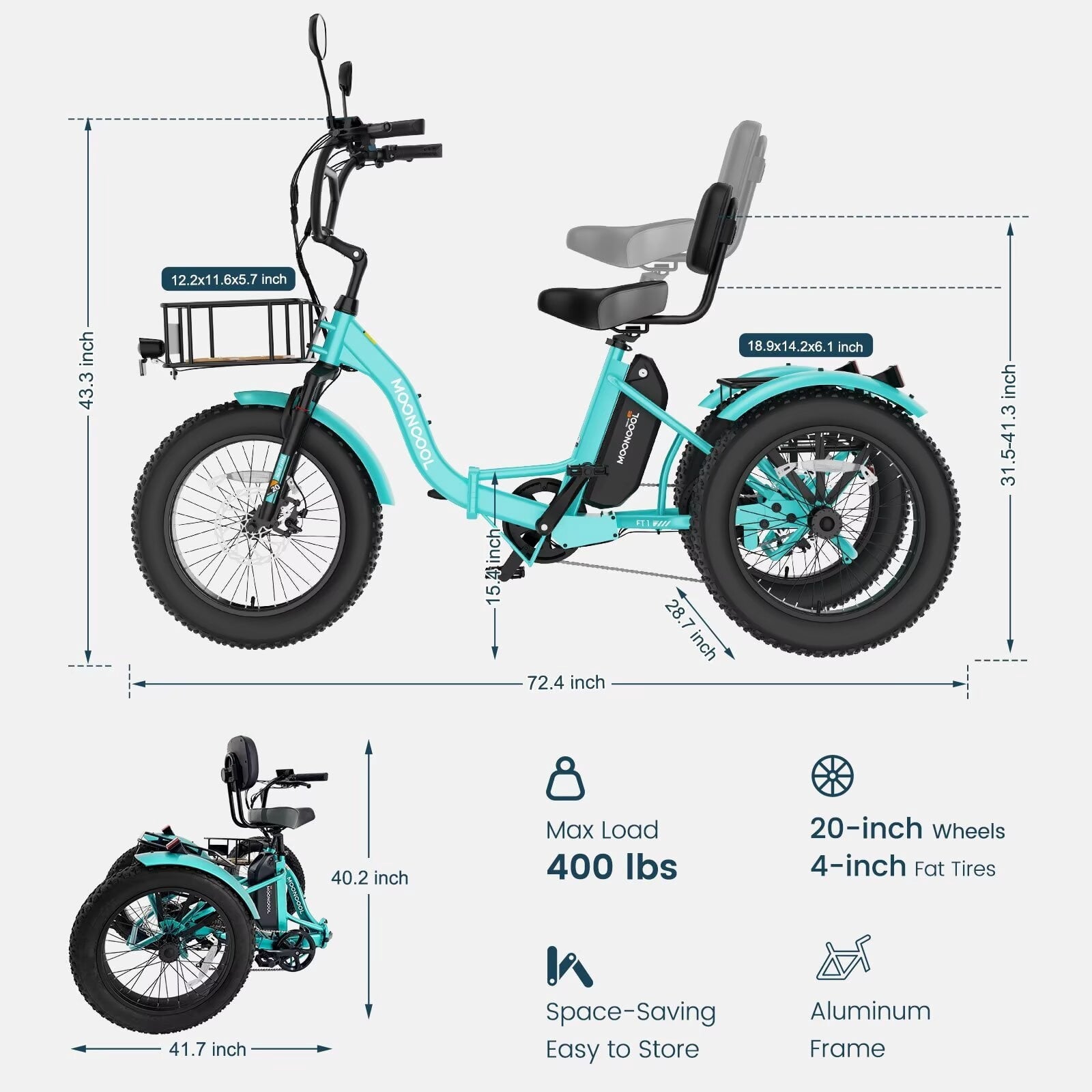MOONCOOL Folding Electric Tricycle for Adults, 20 x 4 Fat Tire Electric Trike, 48V Peak 1092W  Electric Bicycle, 3 Wheels 7 Speed Ebike w/ 14.5Ah Removable Battery& Speed Differential Mechanism