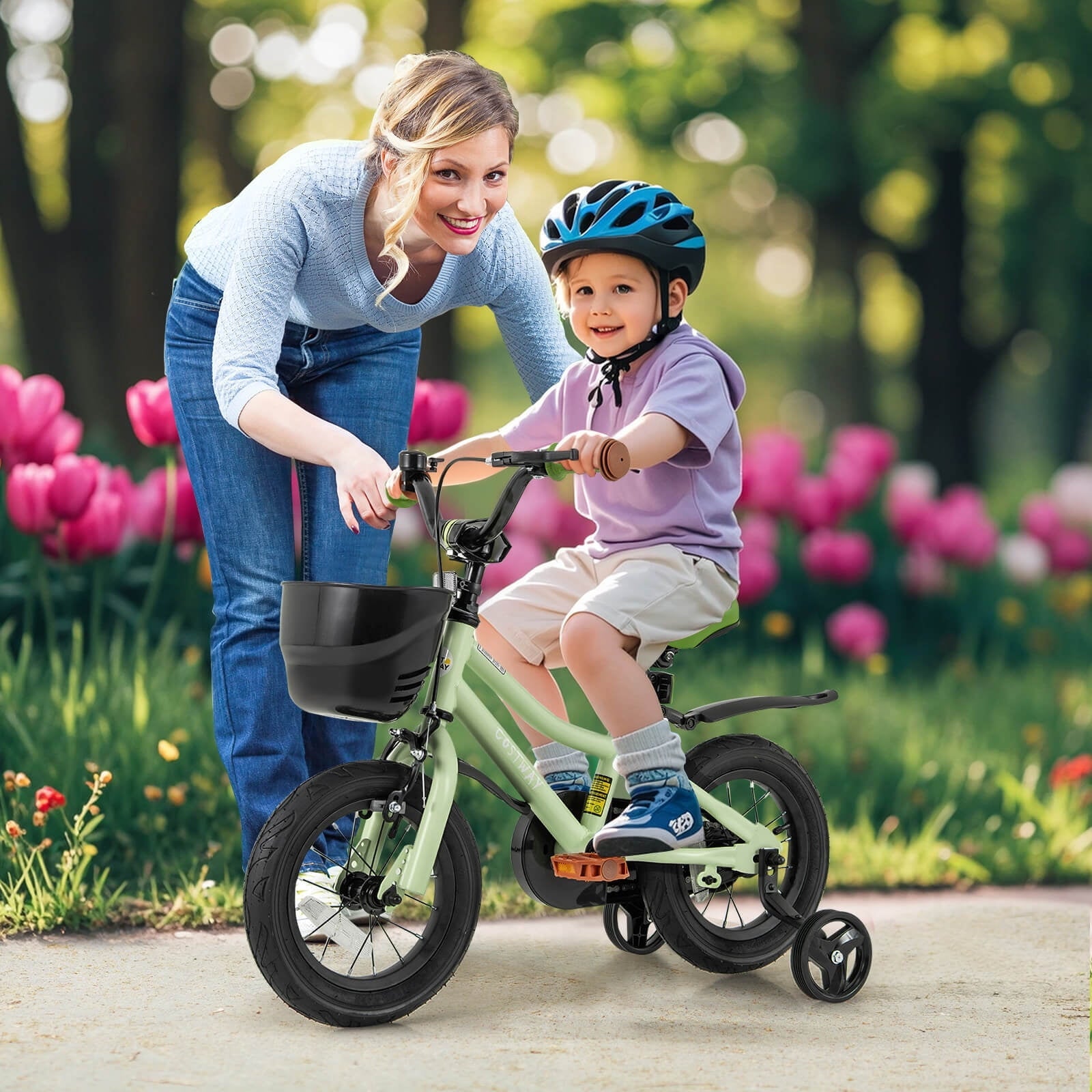 Costway 12 Kid's Bike with Training Wheels Adjustable Handlebar & Seat Handbrake Green