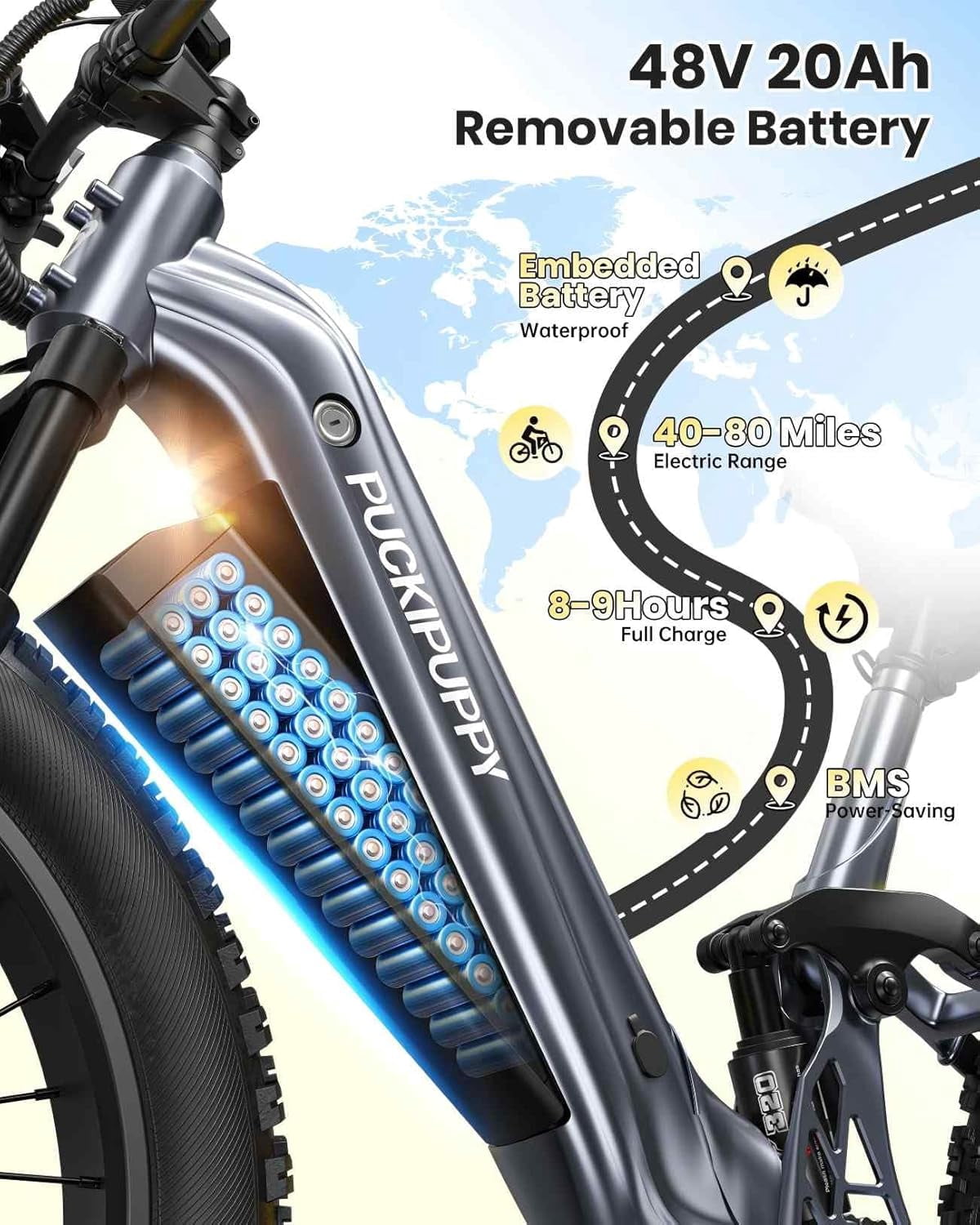 PUCKIPUPPY 26 Electric Bikes for Adults 960W Peak Step Through E-Bikes up to 80Miles Range 48V 20AH Battery Full Suspension Ebike 28 mph Max Speed Fat Tire E-Mountain Bike 7 Speed, UL2849 by SGS