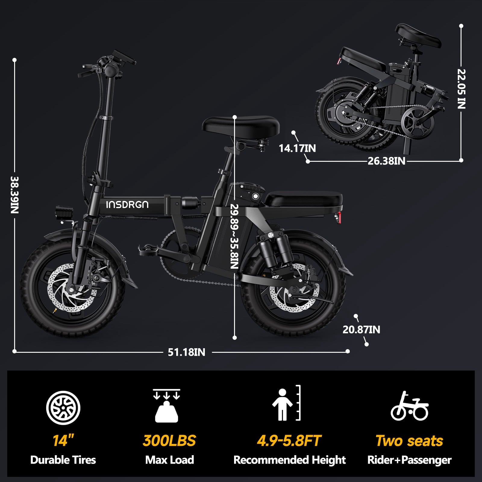 INSDRGN Folding Electric Bike for Adults Teens, 650W Peak Motor, 10.4AH 48V Battery 14 Electric Bicycles, 28 Miles Range, Mini Ebike for City Commuter, UL2849, Gray