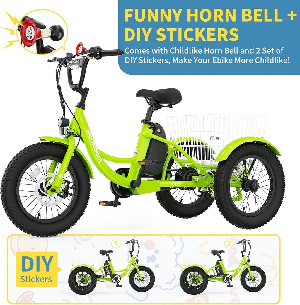 MOONCOOL Electric Tricycle for Kids ,16x3 3 Wheel 250W 10.4Ah Etrike W/ LED headlight & Rear Basket & horn bell & DIY stickers .6/9/12.5 MPH