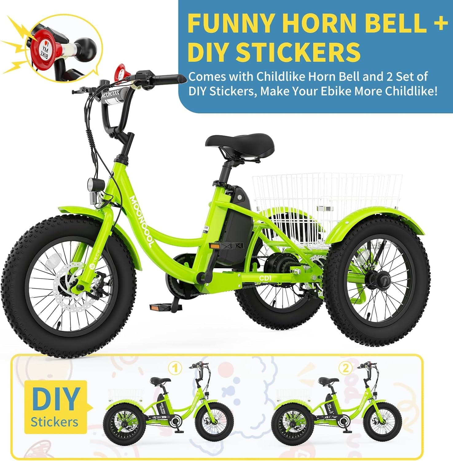 MOONCOOL Electric Tricycle for Kids ,16x3 3 Wheel 250W 10.4Ah Etrike W/ LED headlight & Rear Basket & horn bell & DIY stickers .6/9/12.5 MPH