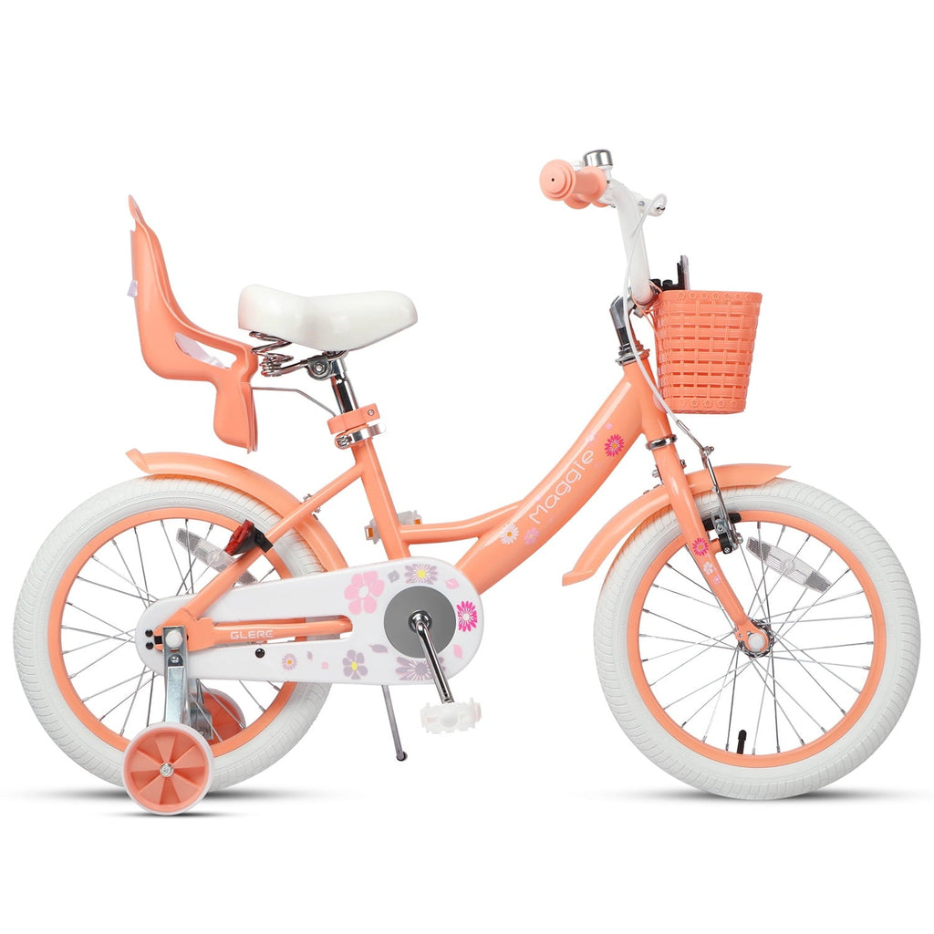Glerc Maggie 14 inch Kids Girls Bike for Ages 3-5 Years Old Children, Princess Style Kids Bicycle with Doll-Seat & Basket & Training Wheels, Pink