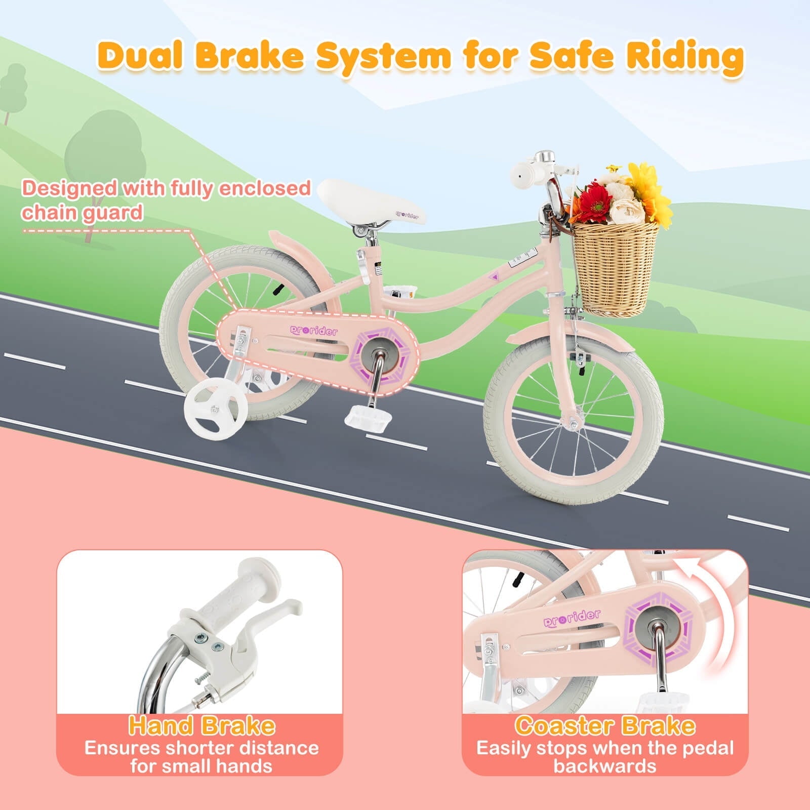 Costway 14 Kid's Bike with Training Wheels Adjustable Handlebar Seat Handbrake Pink