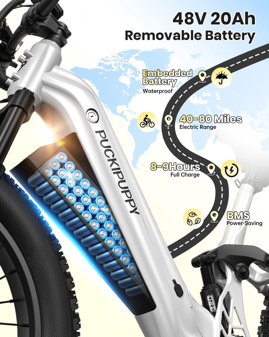 PUCKIPUPPY Electric Bikes for Adults 26 Step-Thru Ebikes 960W Peak Motor 80Miles Range 28mph Max Speed 48V 20AH Battery Full Suspension Fat Tire Mountain E Bike 7 Speed, Comply with UL2849 By SGS