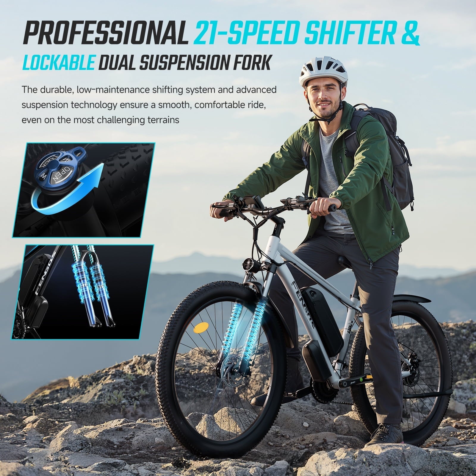 FENGQS 27.5 Electric Bike for Adults, 2000W Peak Power Motor Ebike, 35MPH 80Miles Electric Mountain Bike with 17.5AH Removable Battery-UL 2849, 21-Speed, White