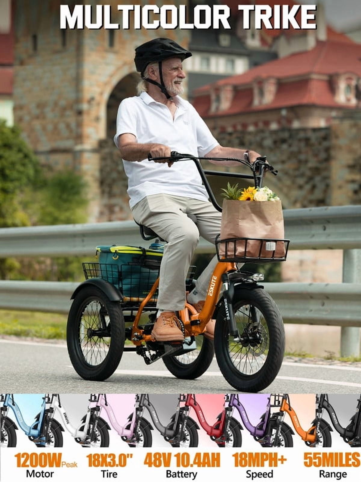 ESKUTE Electric Tricycle for Adults, 1200W Peak Motor, Up to 55 Miles Range, 624Wh Removable Battery, Folding 3-Wheel Ebike with 18x3.0 Fat Tires, Step-Through Red, UL2849