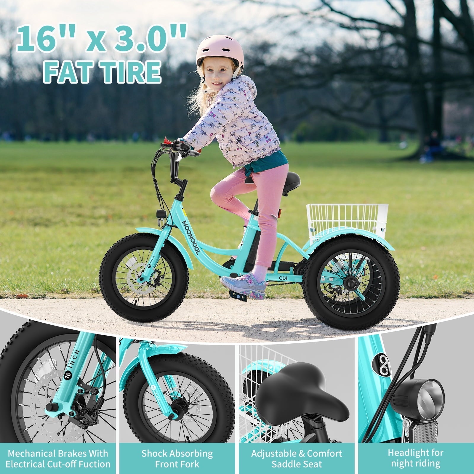 MOONCOOL Electric Tricycle for Kids ,16x3 3 Wheel 250W 10.4Ah Etrike W/ LED headlight & Rear Basket & horn bell & DIY stickers .6/9/12.5 MPH