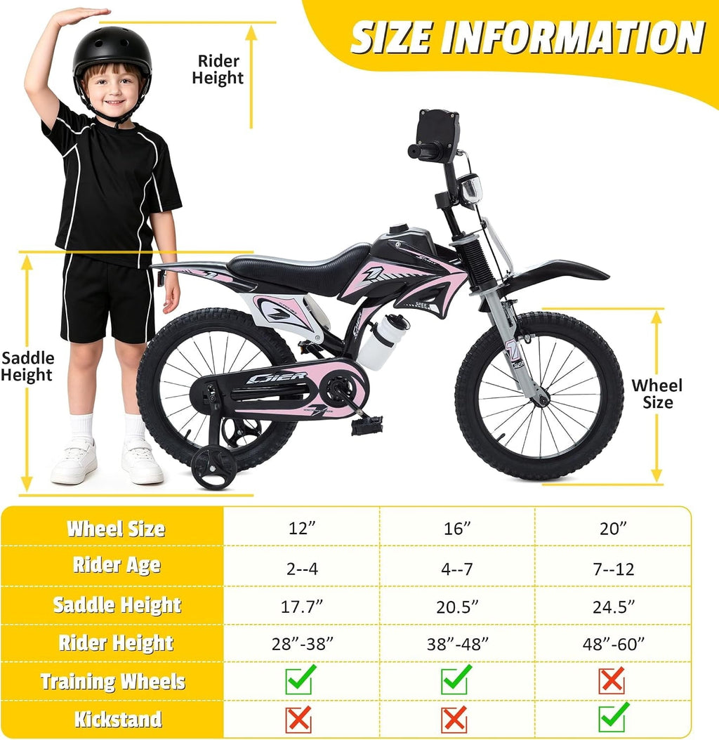 NEORIVER 12 Inch Motocross Style Kids Bike – Training Wheels, Sound Horn, Number Plate & Dashboard Included – Easy Assembly – Ages 3-12 Boys Girls