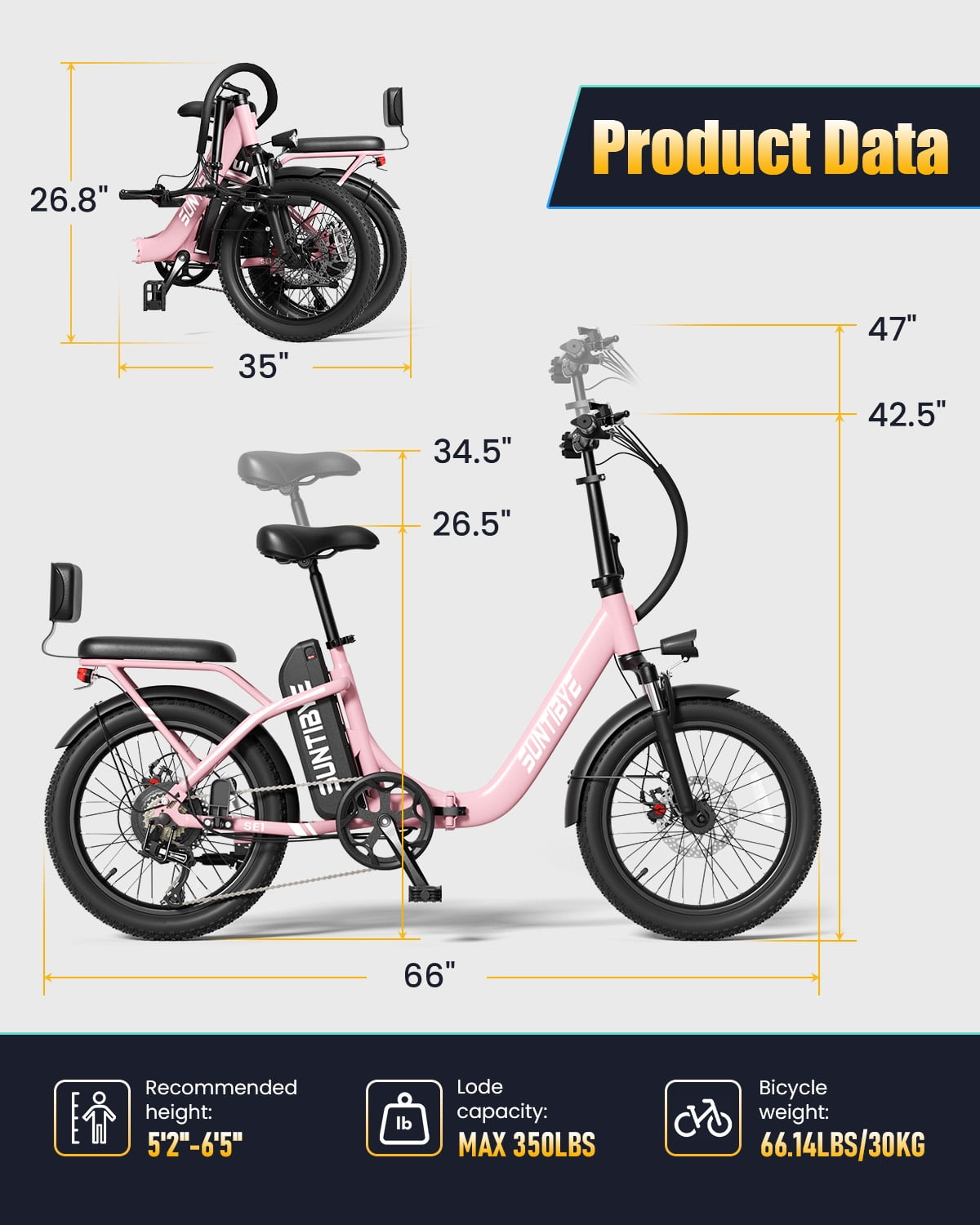 SE1 Folding Electric Bike 1000W 48V 15Ah, 20x3.0 Commuter Ebike with Passenger Seat UL2849