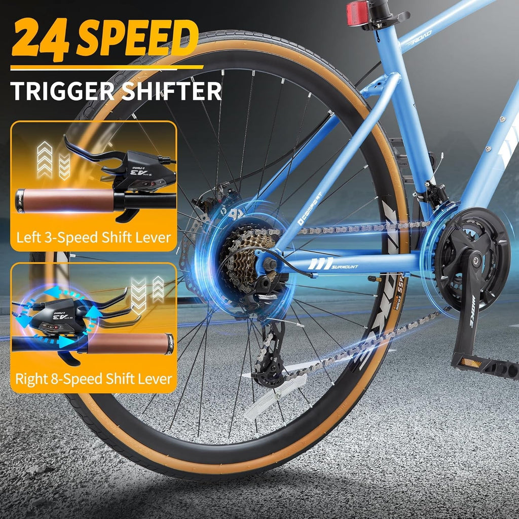 Mens Road Bike, NEORIVER 700C 24-Speed Hybrid Bike for Adults, Features Dual Disc Brakes, Trigger Shifting, Internal Wiring & Lightweight Frame for City Commuting