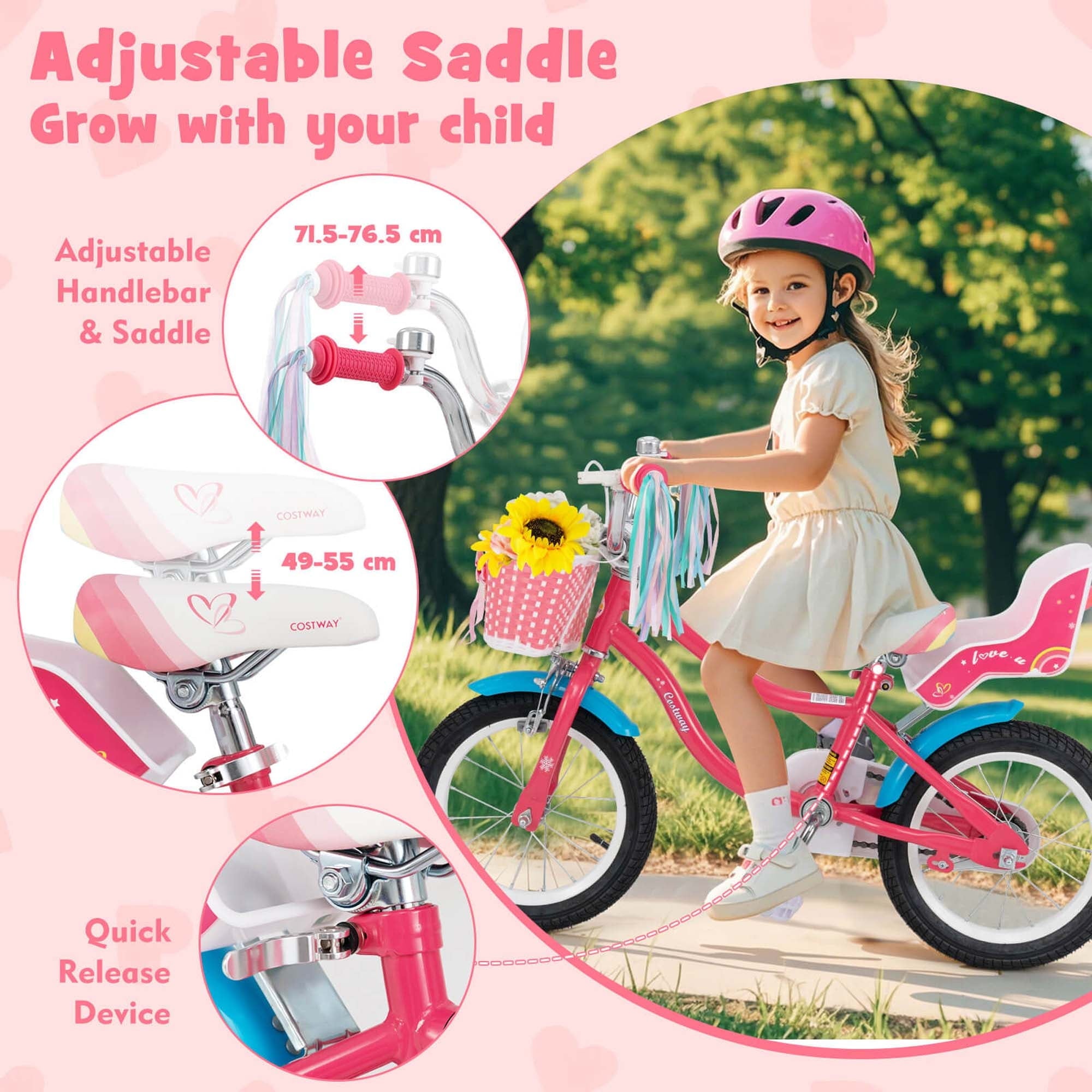 Costway 18 Inches Kids Bicycle with Training Wheels & Basket for Girls Age 4-8 Years Pink