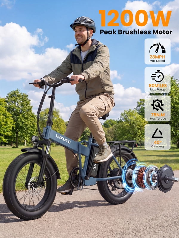 ESKUTE D300 Electric Bike for Adults, Folding Ebike with 1200W Peak Motor 28MPH, 48V 20.8Ah Removable Battery, 20x4.0 Fat Tires, 80 Miles 7-Speed Gear, NFC Unlock,Black, UL2849