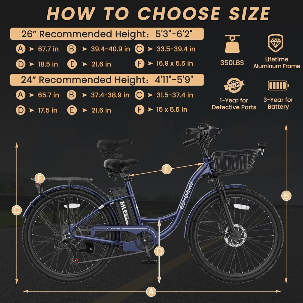 MOONCOOL Electric Bicycle for Adults 350W , 7-Speed Ebike with 36V 10.4Ah Removable Battery . 40 Miles Range , 20 mph Electric Commuter Bike for Women Men