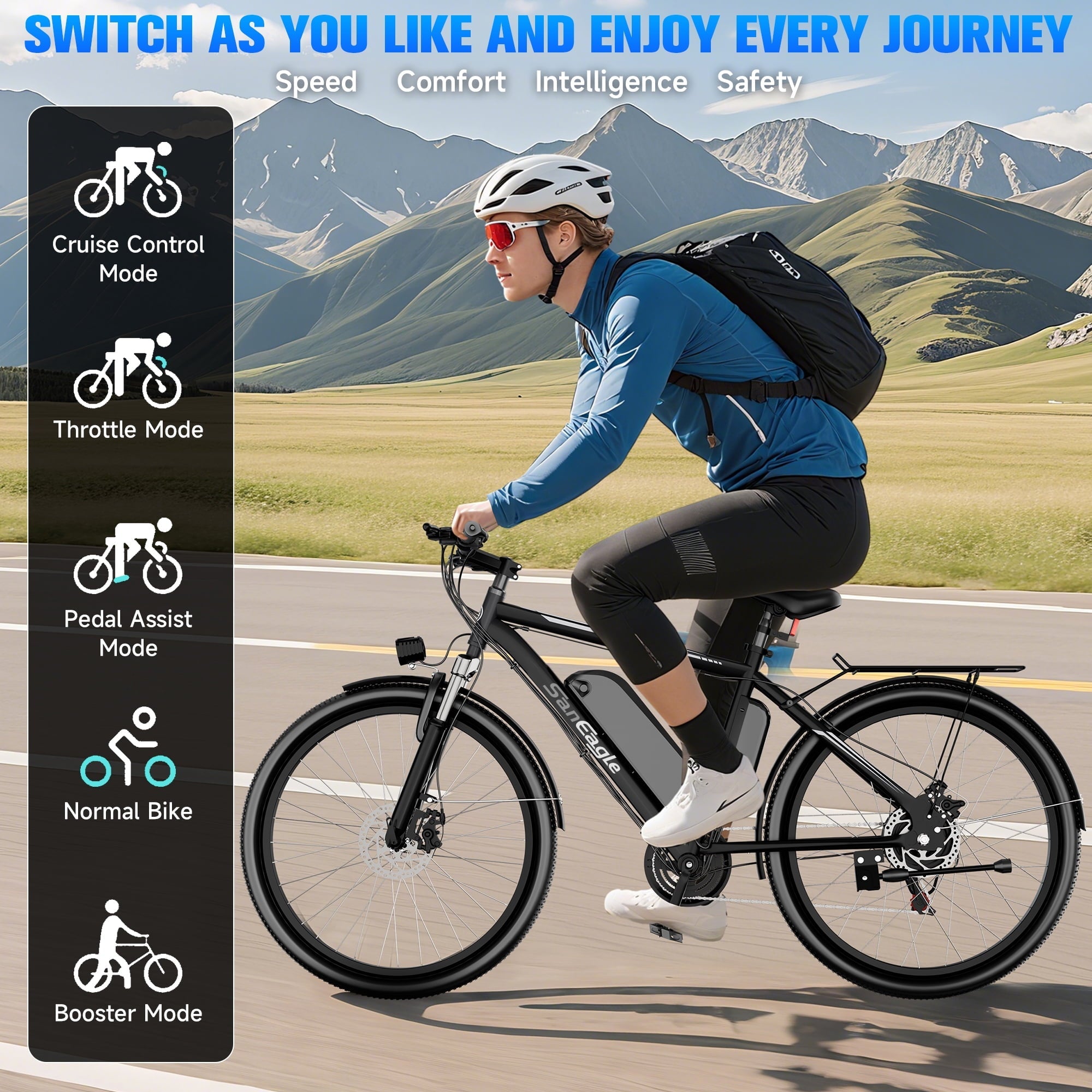 Saneagle 1000W Peak Electric Bike for Adults, City E-Bike, 52V 15Ah Removable Battery, 26 Tire, Shimano 21 Speed, UL 2849 Certified, Black