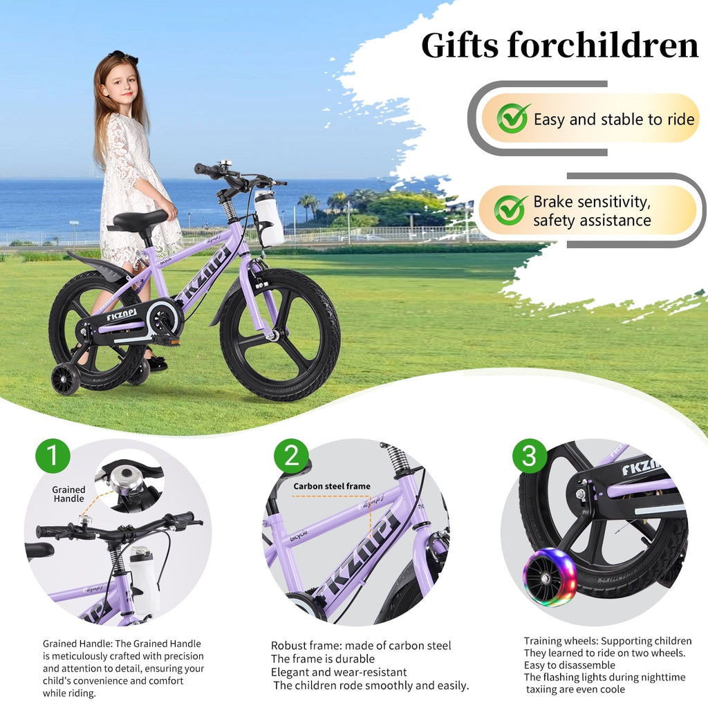 Holaki 18 inch Kids Bike with Training Wheels & Handbrake for Boys & Girls Ages 5-9, High Carbon Steel Frame Adjustable Seat Kids Bicycle with Kettle Stand & Night Glow for Birthday Gift, Purple