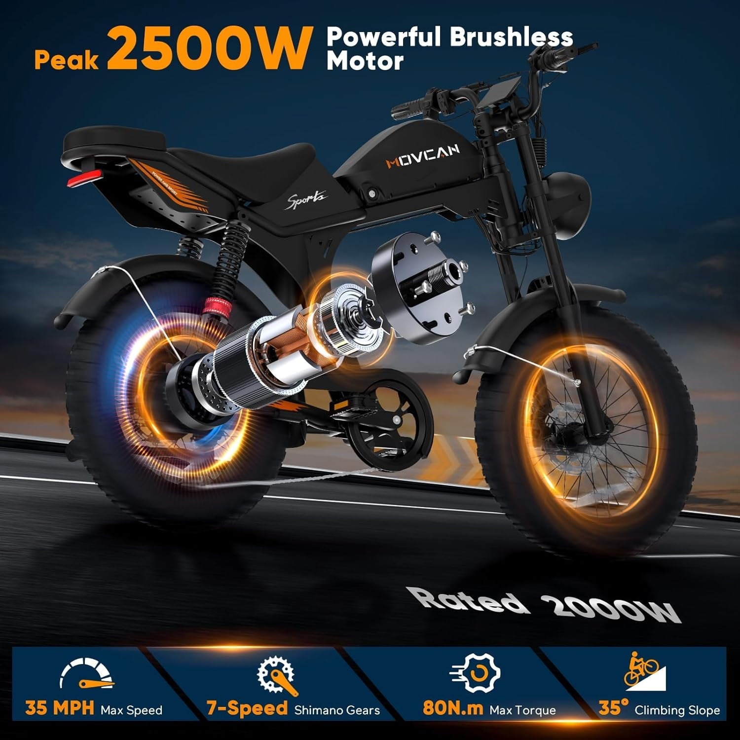 Movcan V70 Electric Bike for Adults, Peak 2500W 35mph 52V 23.4Ah E-Mountain Bike,20 Fat Tire Full Suspension UL2849
