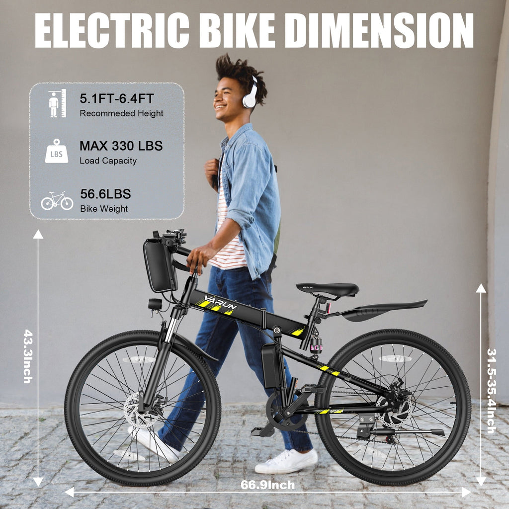 VARUN Electric Bike, 26 Foldable Ebike, Peak 750W Motor, 48V 374.4Wh Battery, up to 20+mph 50 Miles, 7 Speeds with Bike Pump, Phone Holder & Bike Lock & Rear Light, E Bike for Adult, UL2849(Black)