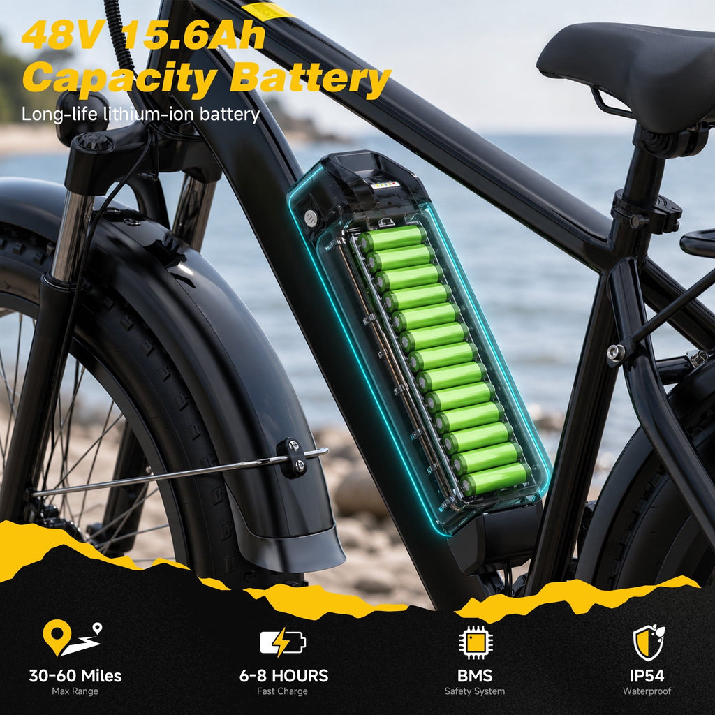 HiKeep 26 Electric Bike for Adults 1500W Peak, 48V 15.6Ah Removable Battery, 30MPH Electric Bicycle, 26x4 Fat Tire Mountain Ebike, Shimano 7 Speed, UL2849, Black