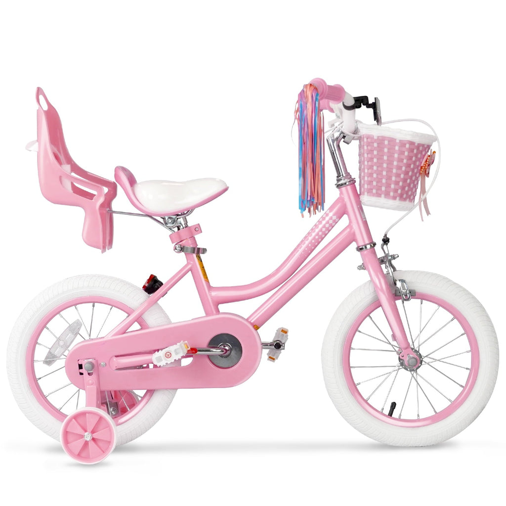 XJD Girls Bike for Toddlers 3-9 Years Old Kids, 16 Inch Kids Bike with Training Wheels, Streamers, Basket and Doll Seat, Children Bicycles with Handbrake