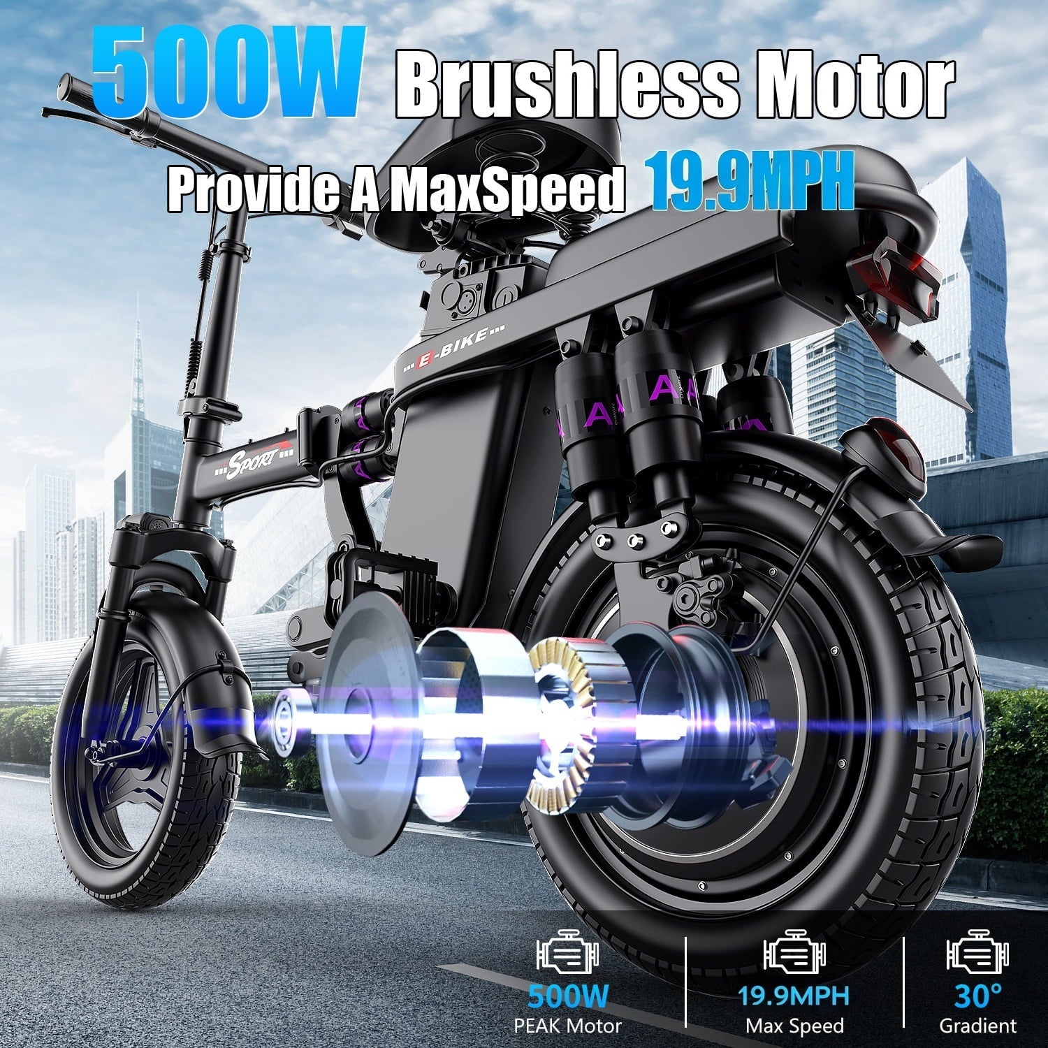 GWEIT Electric Bike for Adults,1000W Peak Folding Electric Bike, 40-Mile Range, 14-Inch Tire E-Bike with 48V 10Ah Removable Battery, Electric Mini Bike