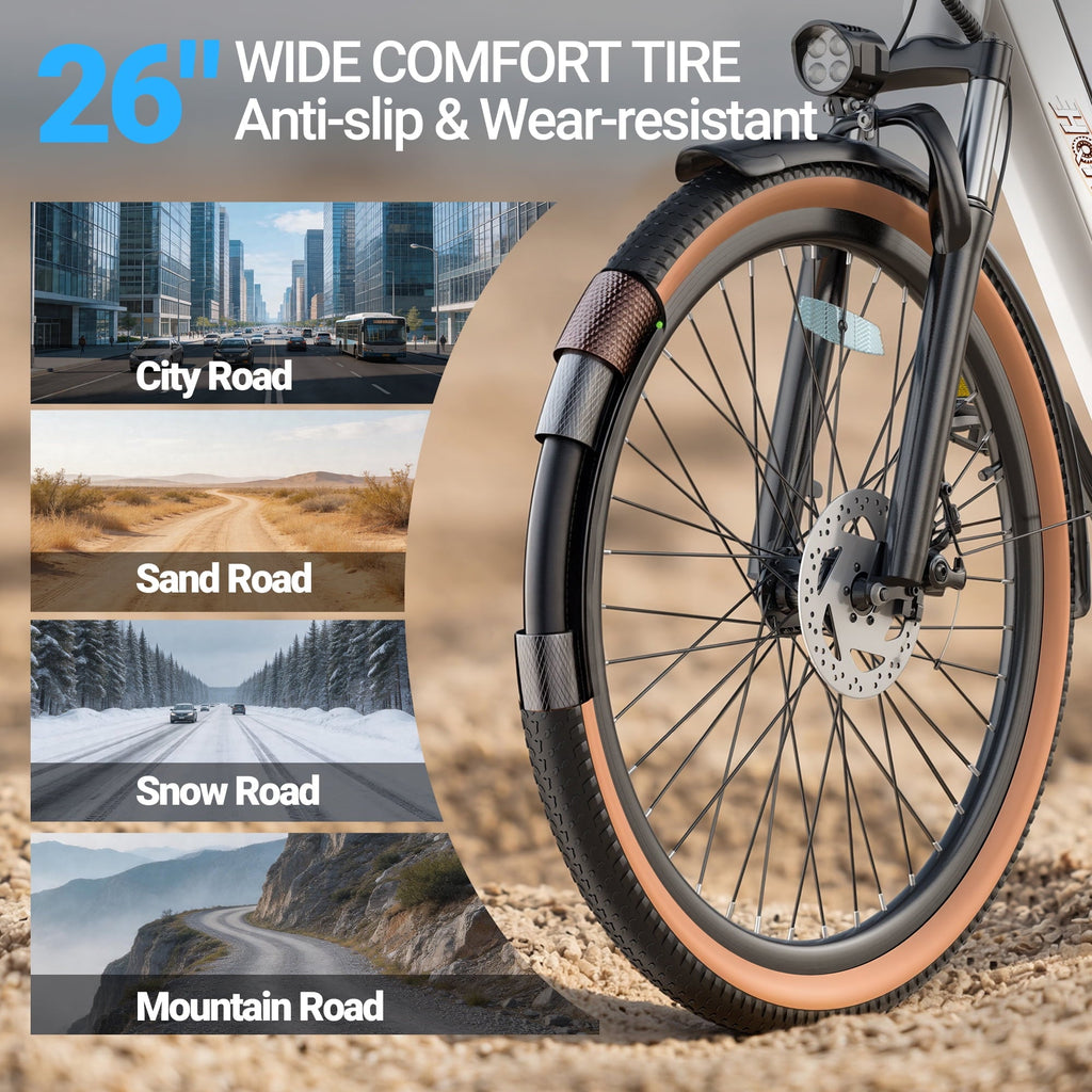 HQYEX HQ26 Electric Bike, 26 Inch Tire 1500W Powerful Brushless Motor Ebike, 48V 11AH Removable Rechargeable Battery, 7-Speed Gear Shift Electric Bicycle, Comfortable City Commuter E Bike for Adults