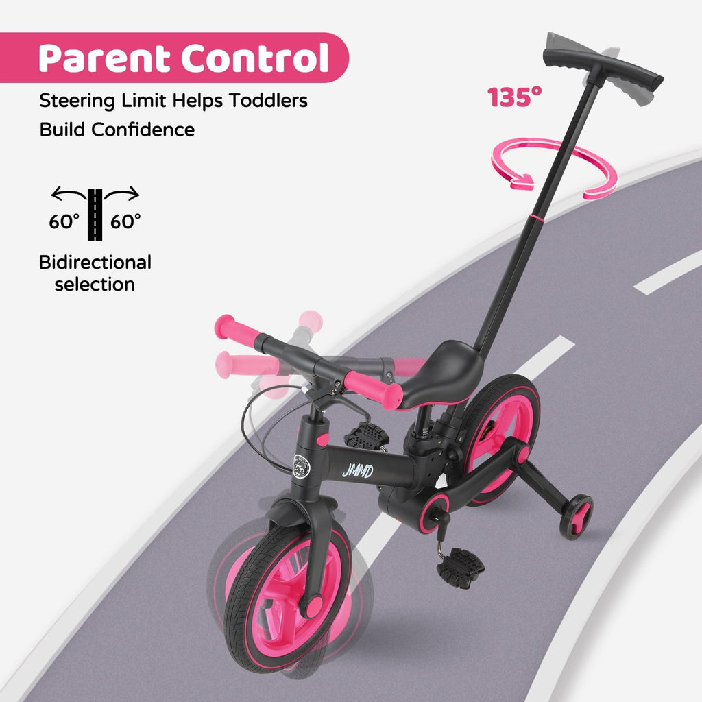 JMMD Toddler Bike with Push Handle for Kid 18-60 Months, 6 in 1 Foldable Tricycle with Training Wheel, Pedals, Kid Balance Bike for Boy & Girl, Black