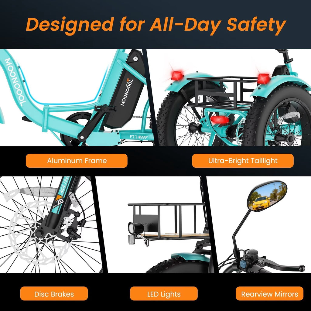 MOONCOOL Folding Electric Tricycle for Adults, 20 x 4 Fat Tire Electric Trike, 48V Peak 1092W  Electric Bicycle, 3 Wheels 7 Speed Ebike w/ 14.5Ah Removable Battery& Speed Differential Mechanism
