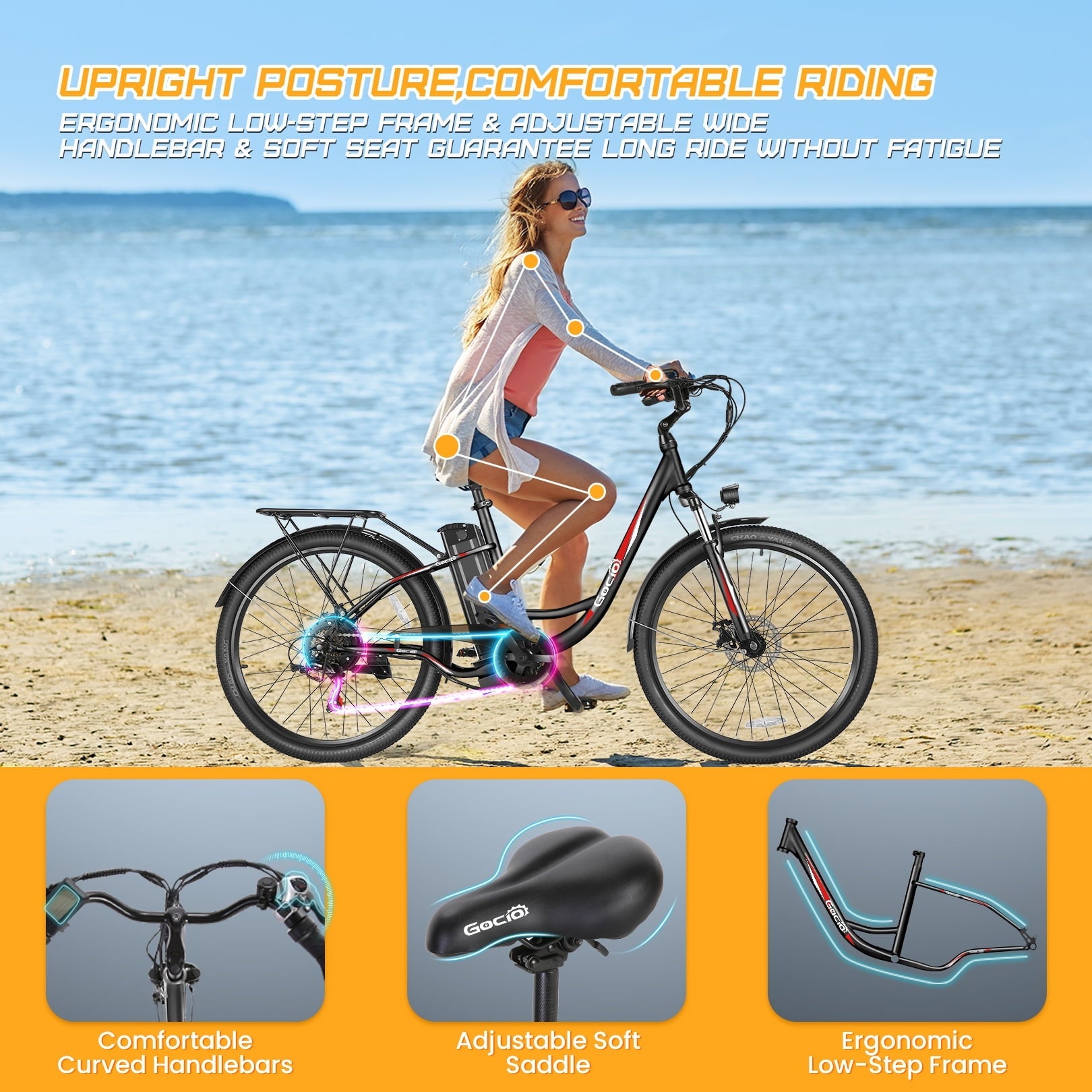Gocio 26 Electric Bike for Adults, 500W Motor, City Commuter E-Bike, 48V 7.8Ah Removable Battery, Max 19.8Mph, 7 Speed, UL2849