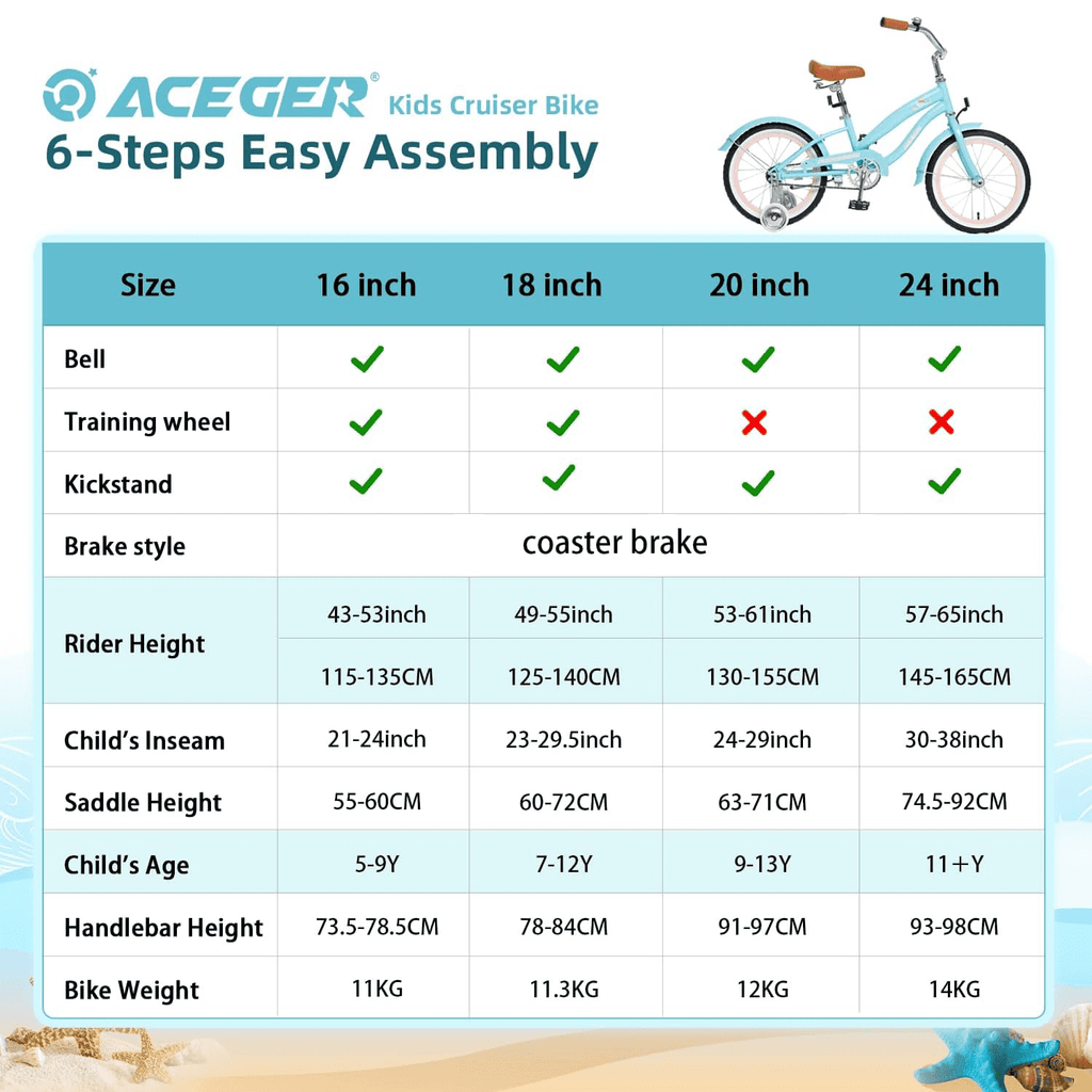 ACEGER 20 Inch Beach Cruiser Bike for Girls Ages 9-13, Pink