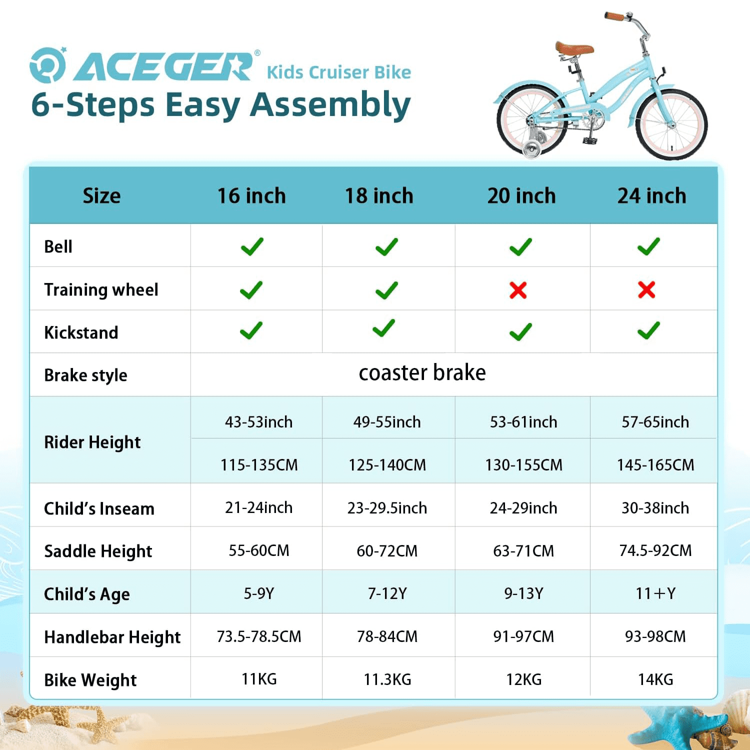 ACEGER 20 Inch Beach Cruiser Bike for Girls Ages 9-13, Pink