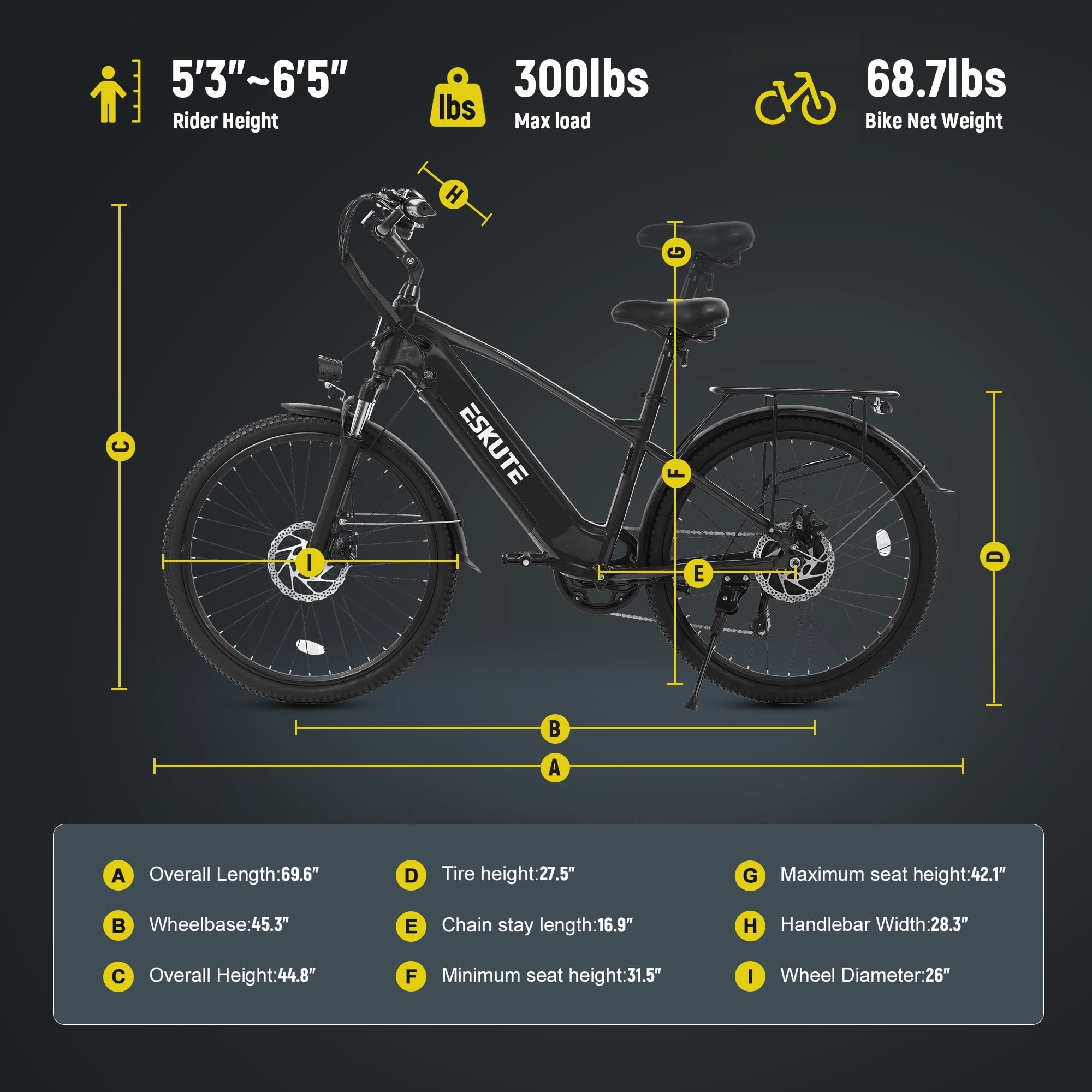 ESKUTE C200D 70-Mile Electric Bike for Adults, 840Wh Removable Battery, 1300W Peak Motor, Up to 28MPH, 26 Tires, 7-Speed Step-Over E-Bike White, UL2849