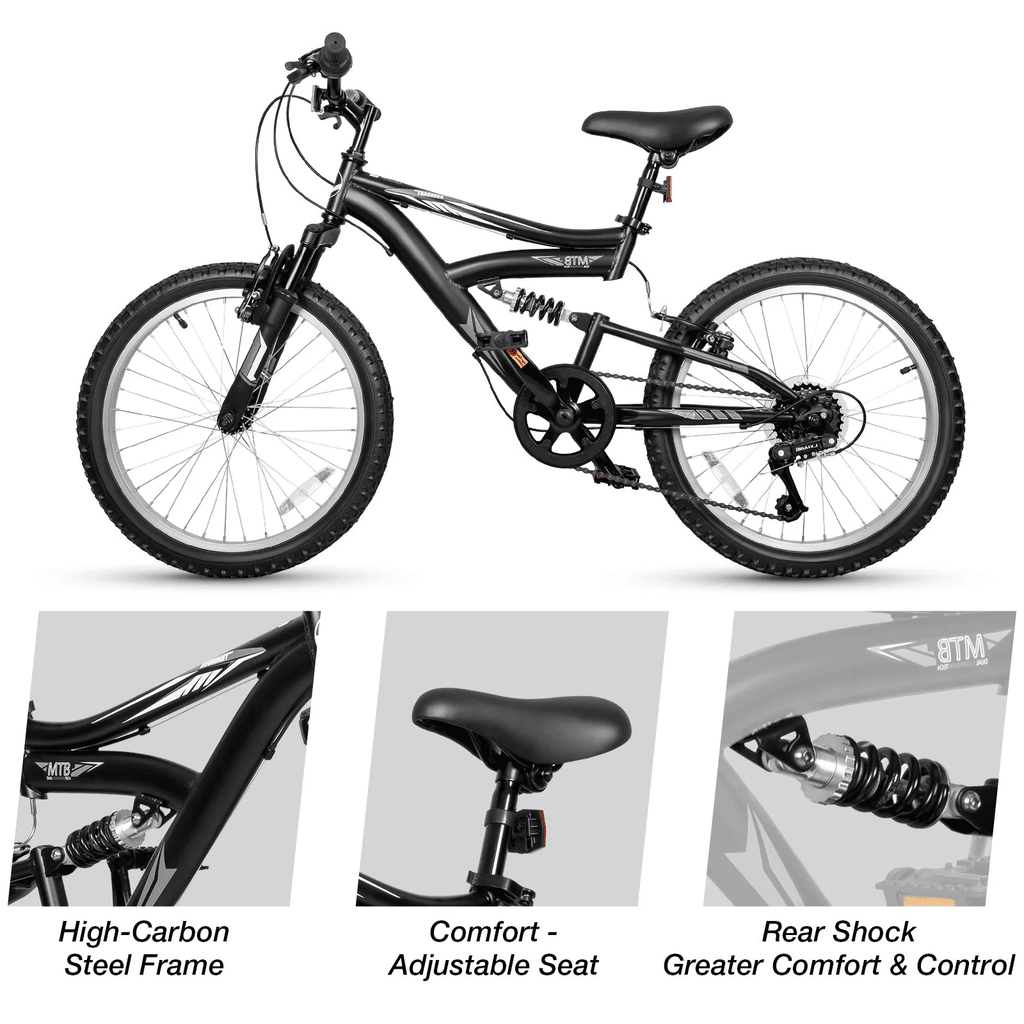 Hykolity Kids Mountain Bike 20 inch MTB Bicycle Age 6-12 Years Height 42-56 in Tween Cycling Full Suspension Sport Outdoor Bikes - Matte Black