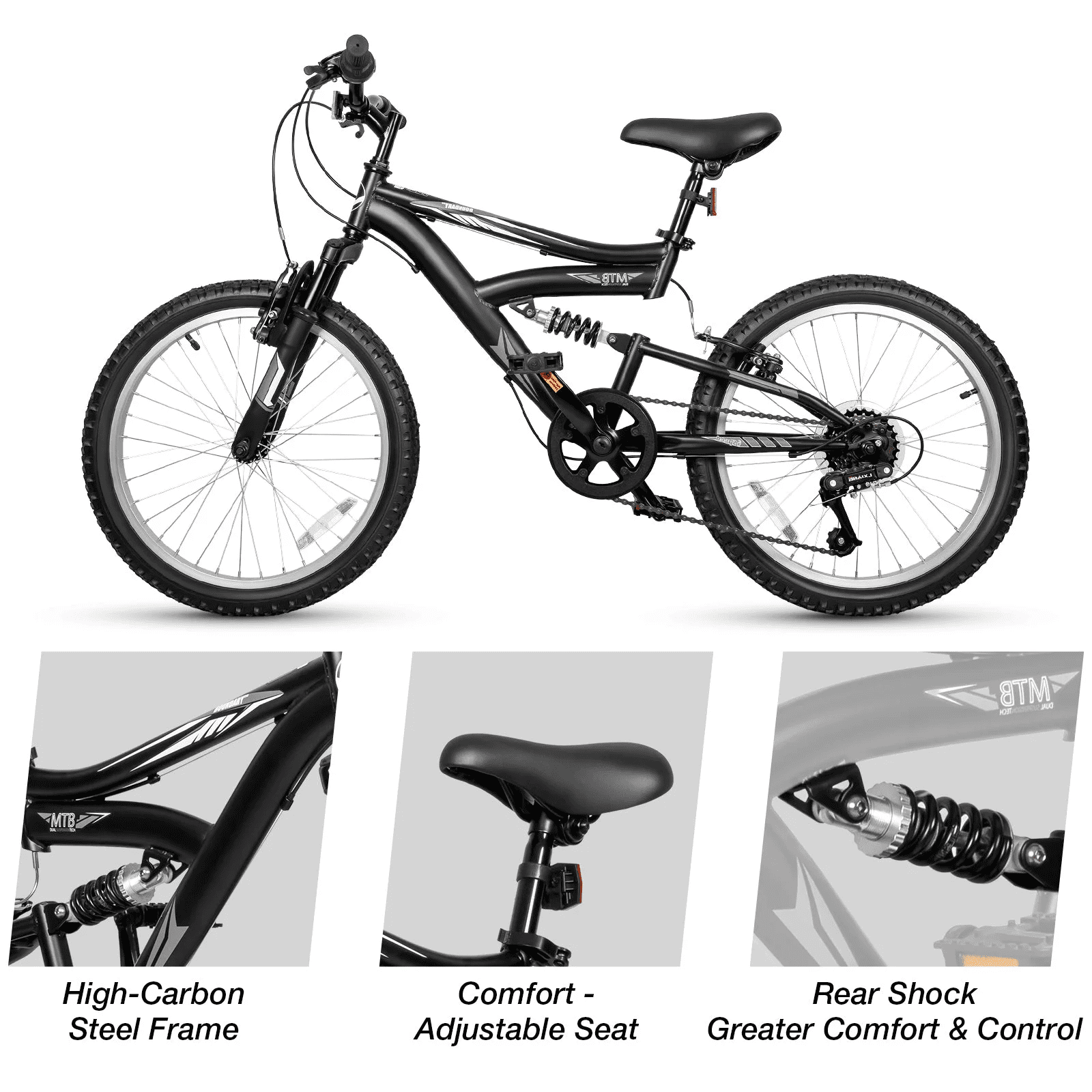 Hykolity Kids Mountain Bike 20 inch MTB Bicycle Age 6-12 Years Height 42-56 in Tween Cycling Full Suspension Sport Outdoor Bikes - Matte Black