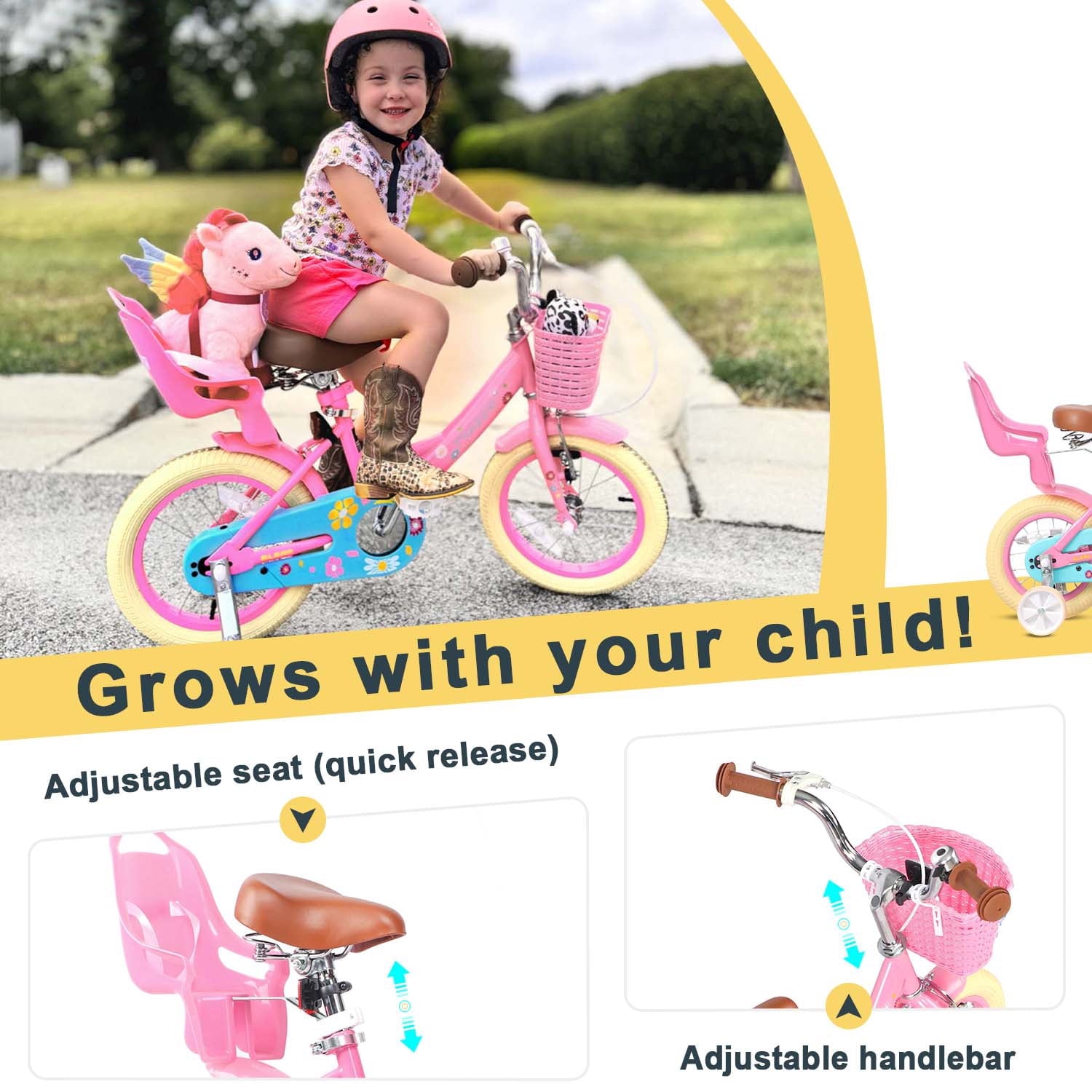 Glerc Maggie 14 inch Kids Girls Bike for Ages 3-5 Years Old Children, Princess Style Kids Bicycle with Doll-Seat & Basket & Training Wheels, Pink