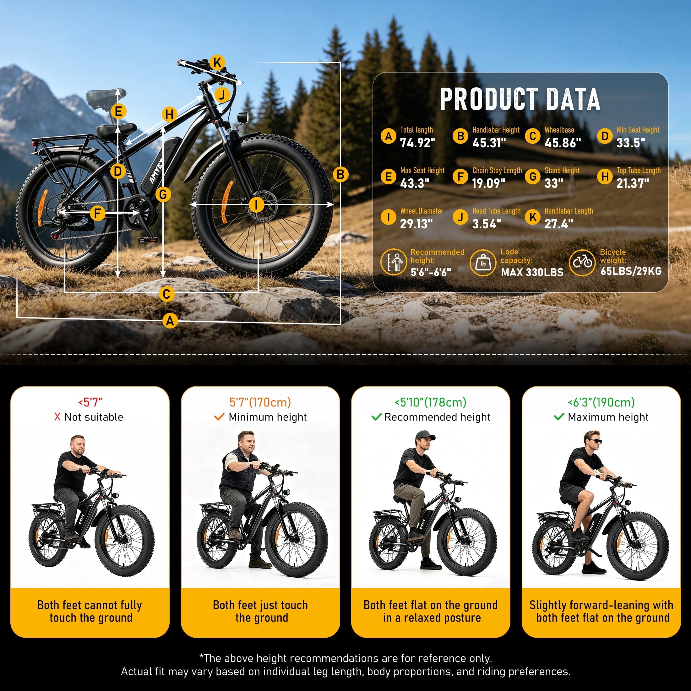 AMYET EB26 Electric Bike for Adults, Peak 1500W 48V 15Ah, 26 Fat Tire Ebike, E-Mountain Bicycle, UL2849