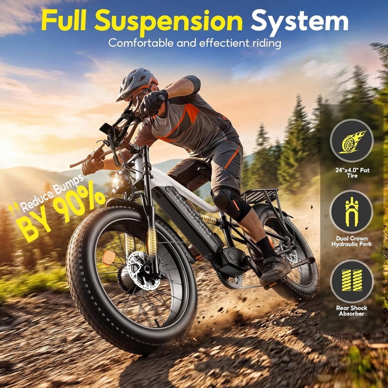 HiKNiGHT 4000W Dual Motor Electric Bike for Adults, 52V 20Ah Battery, 40 MPH & 90 Miles Range, 24 x 4.0 Fat Tire E-Bike, Dual Hydraulic Brakes, Full Suspension, H6 Pro (Black White) with Bag
