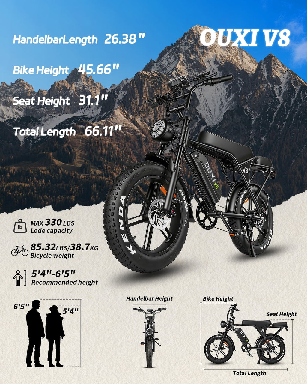 OUXI V8 Electric Bike for Adults, 20 Fat Tire Electric Mountain Bike Peak 750W, 48V 15Ah Battery, UL2849