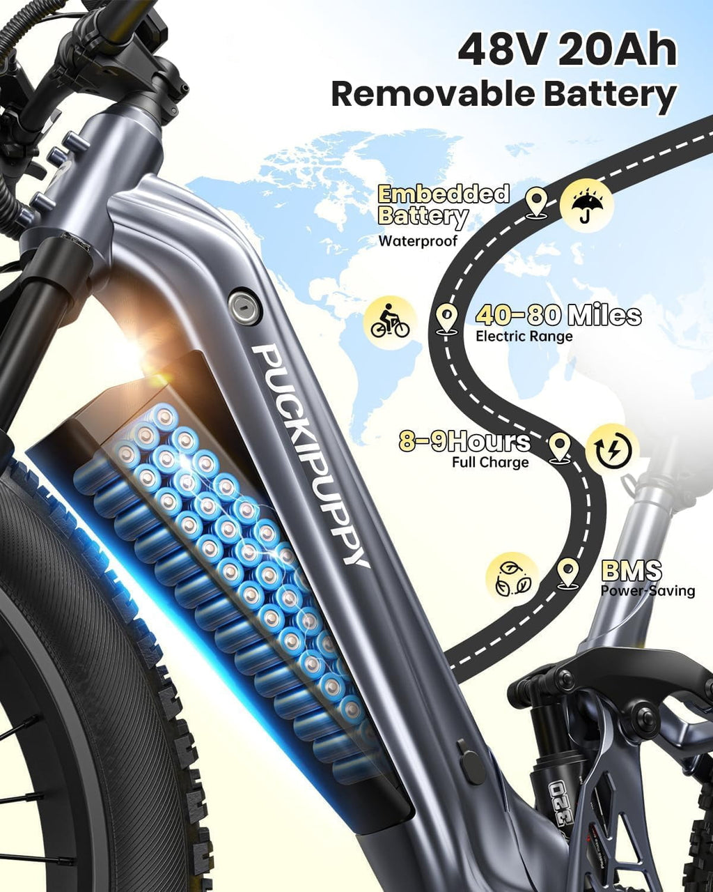 PUCKIPUPPY Electric Bikes for Adults 26 Step-Thru Ebikes 960W Peak Motor 80Miles Range 28mph Max Speed 48V 20AH Battery Full Suspension Fat Tire Mountain E Bike 7 Speed, Comply with UL2849 By SGS