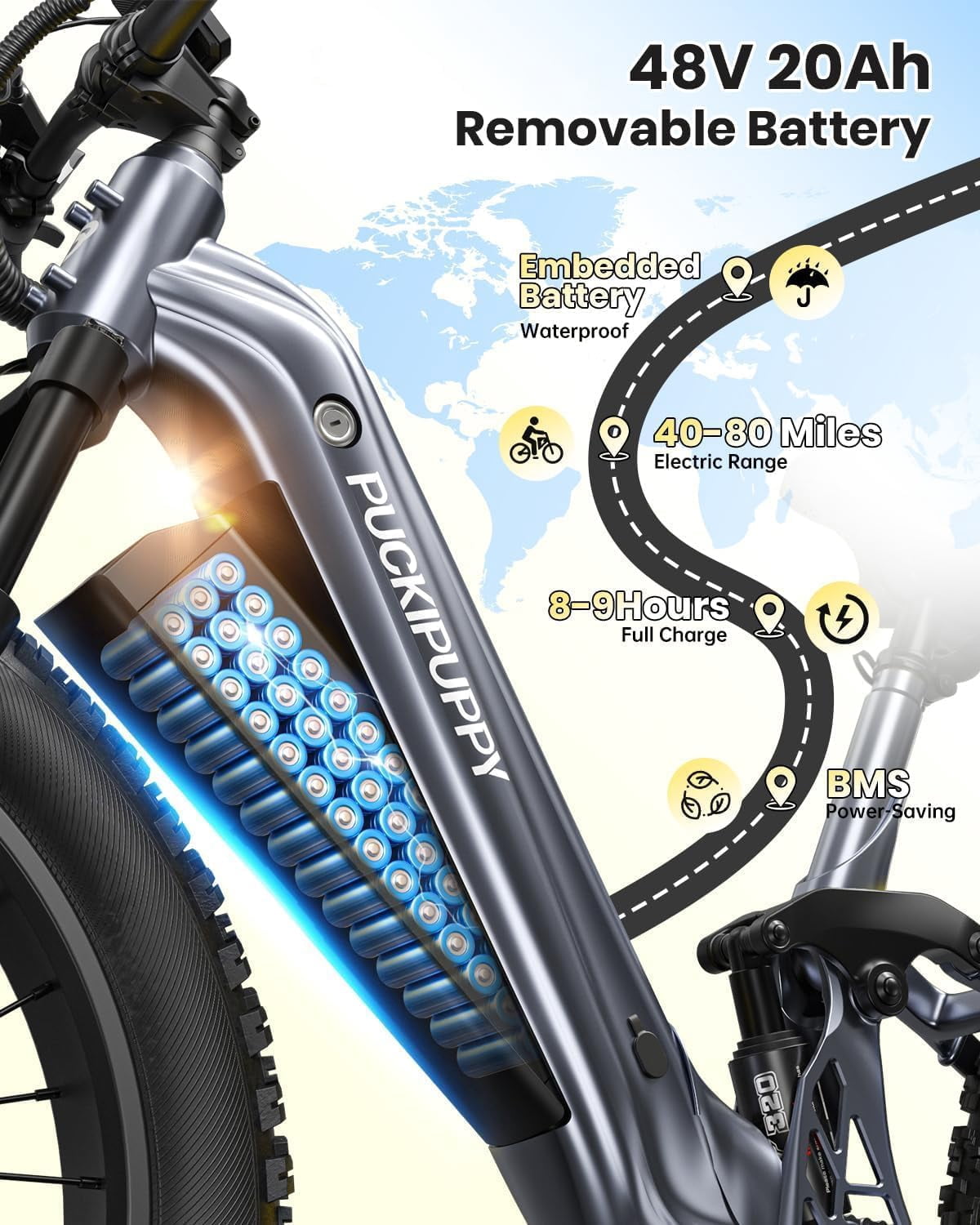 PUCKIPUPPY Electric Bikes for Adults 26 Step-Thru Ebikes 960W Peak Motor 80Miles Range 28mph Max Speed 48V 20AH Battery Full Suspension Fat Tire Mountain E Bike 7 Speed, Comply with UL2849 By SGS