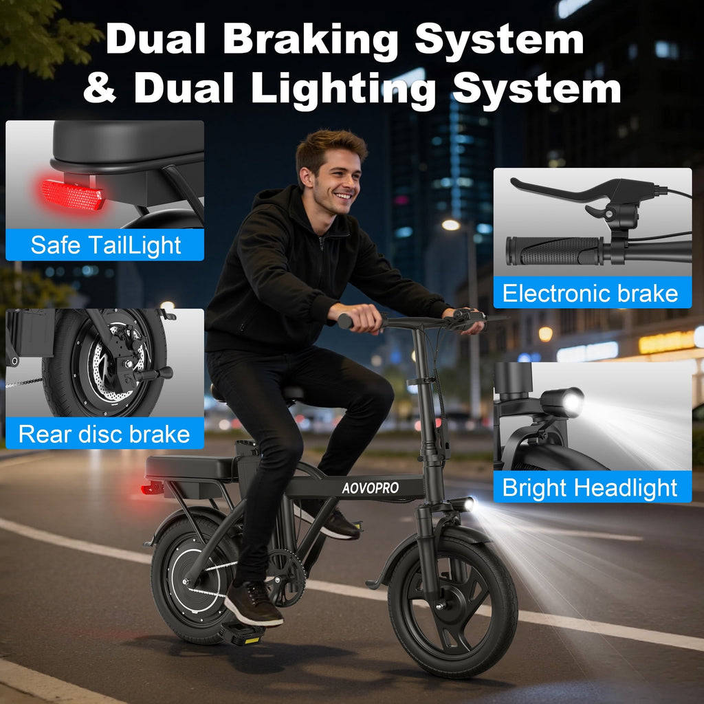 AOVOPRO AHT14 Electric Bike 500W 48V, 14' Mini Ebike for City Commuter, Electric Bicycle for Adult with Two Seats UL2849