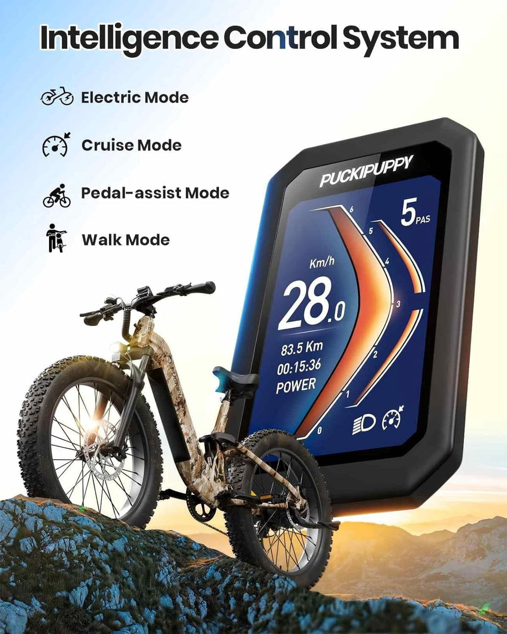 PUCKIPUPPY 26 Electric Bikes for Adults 960W Peak Step Through E-Bikes up to 80Miles Range 48V 20AH Battery Full Suspension Ebike 28 mph Max Speed Fat Tire E-Mountain Bike 7 Speed, UL2849 by SGS