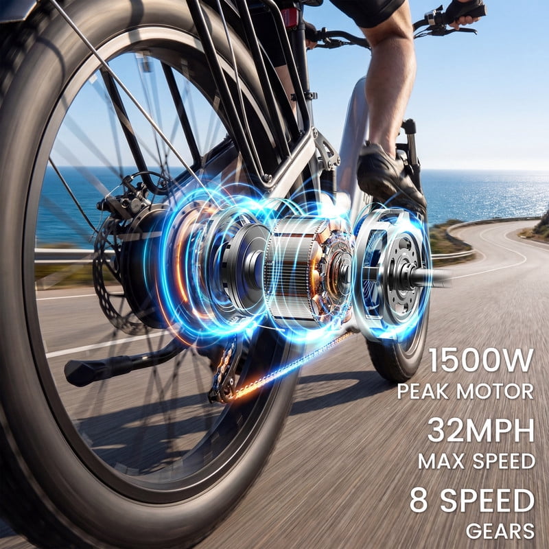 ESKUTE C300 1500W Electric Bike for Adults, 48V 20.8Ah Battery, 32MPH, 80 Miles Range, 26x4.0 Fat Tire Step-Thru Ebike, Full Suspension Electric Bicycle, 8-Speed Pink, UL2849
