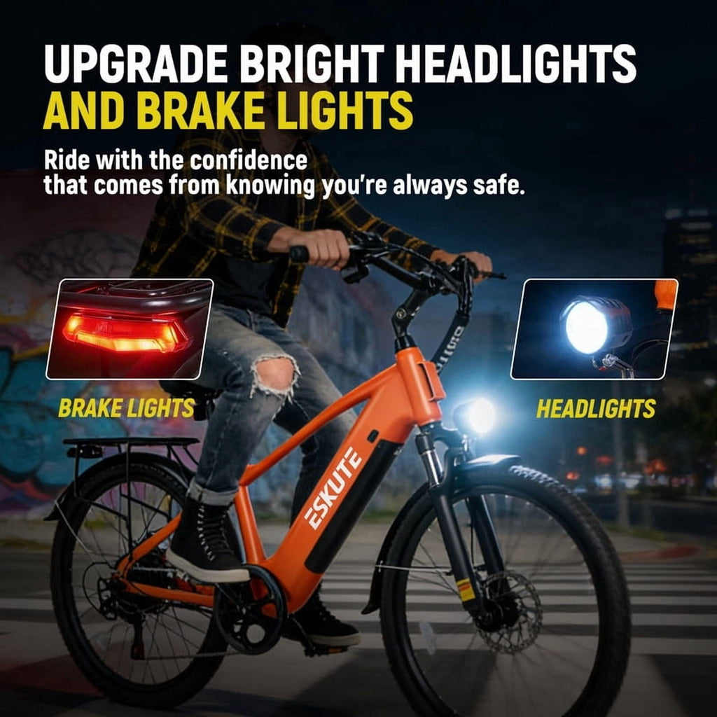 ESKUTE C200 70-Mile Electric Bike for Adults with 840Wh Removable Battery, 1300W Peak Power Ebike, Up to 28MPH Speed, 26 Tires, 7-Speed Adjustable Stem Step-Over E-Bicycle,Orange, UL2849