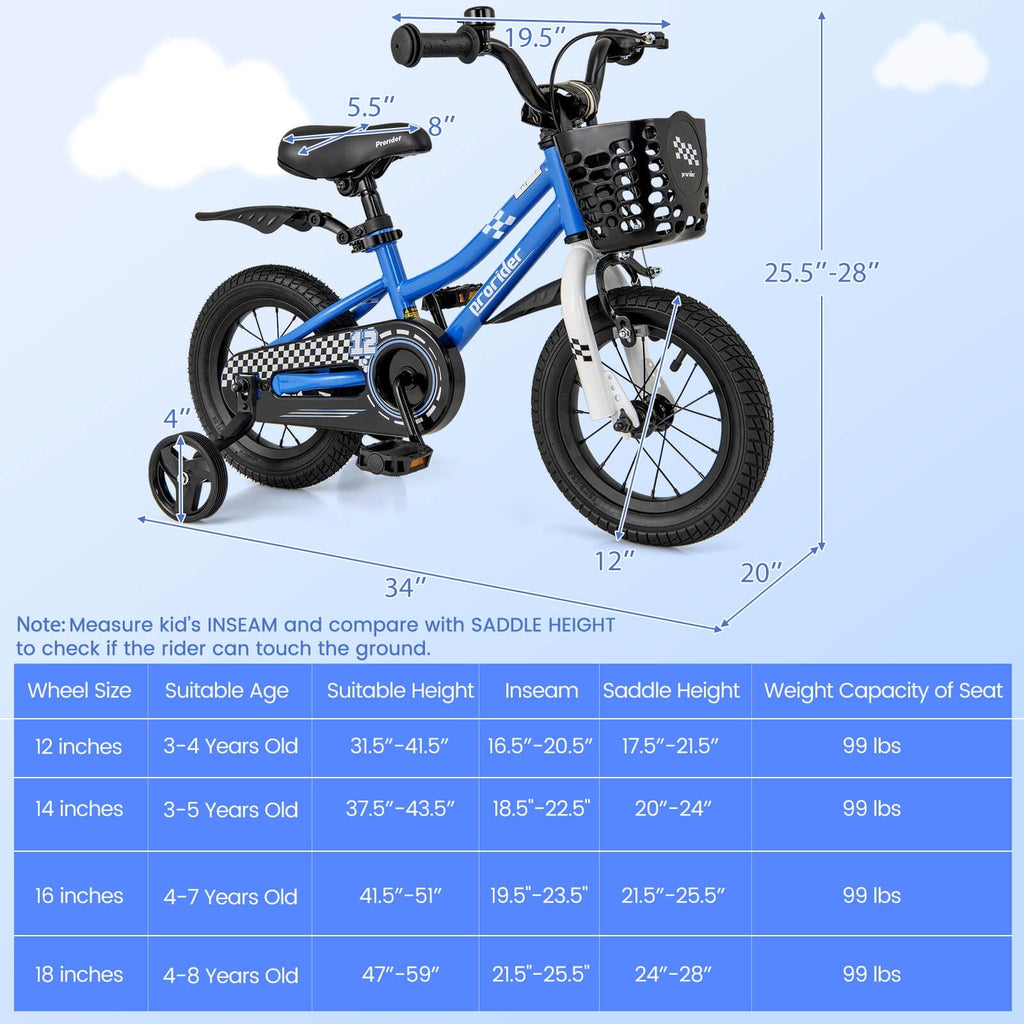 Costway 14'' Kid's Bike with Removable Training Wheels & Basket for 3-5 Years Old Blue
